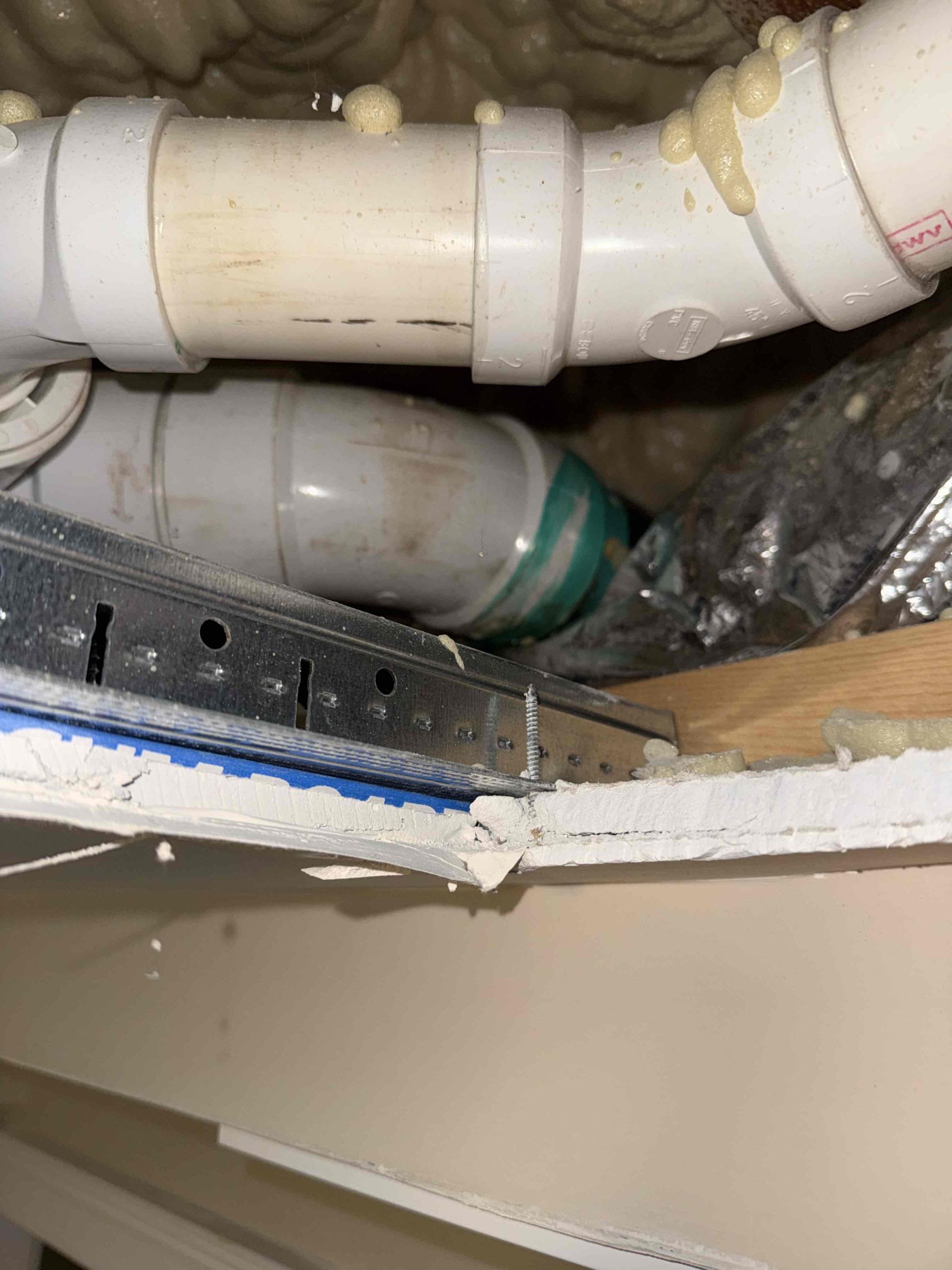 Leak in ceiling upon arrival. Customer stated now that they are almost fully moved in they want to address the leak in the basement. Informed customer we would need to cut open the ceiling to find the leak. After opening ceiling, found glue joint from abs to pvc leaking. Informed customer the the leaking was coming from this glue joint and that the toilet in the master bathroom is what is connected to the line. Informed customer we would need to open the ceiling more and cut out a 6 ft section of pvc in order to resolve the issue due to how close all the fittings are in the ceiling. Gave customer estimate, customer stated they are planning to remodel that bathroom and will just not use that toilet for now since the master bath has two toilets. 