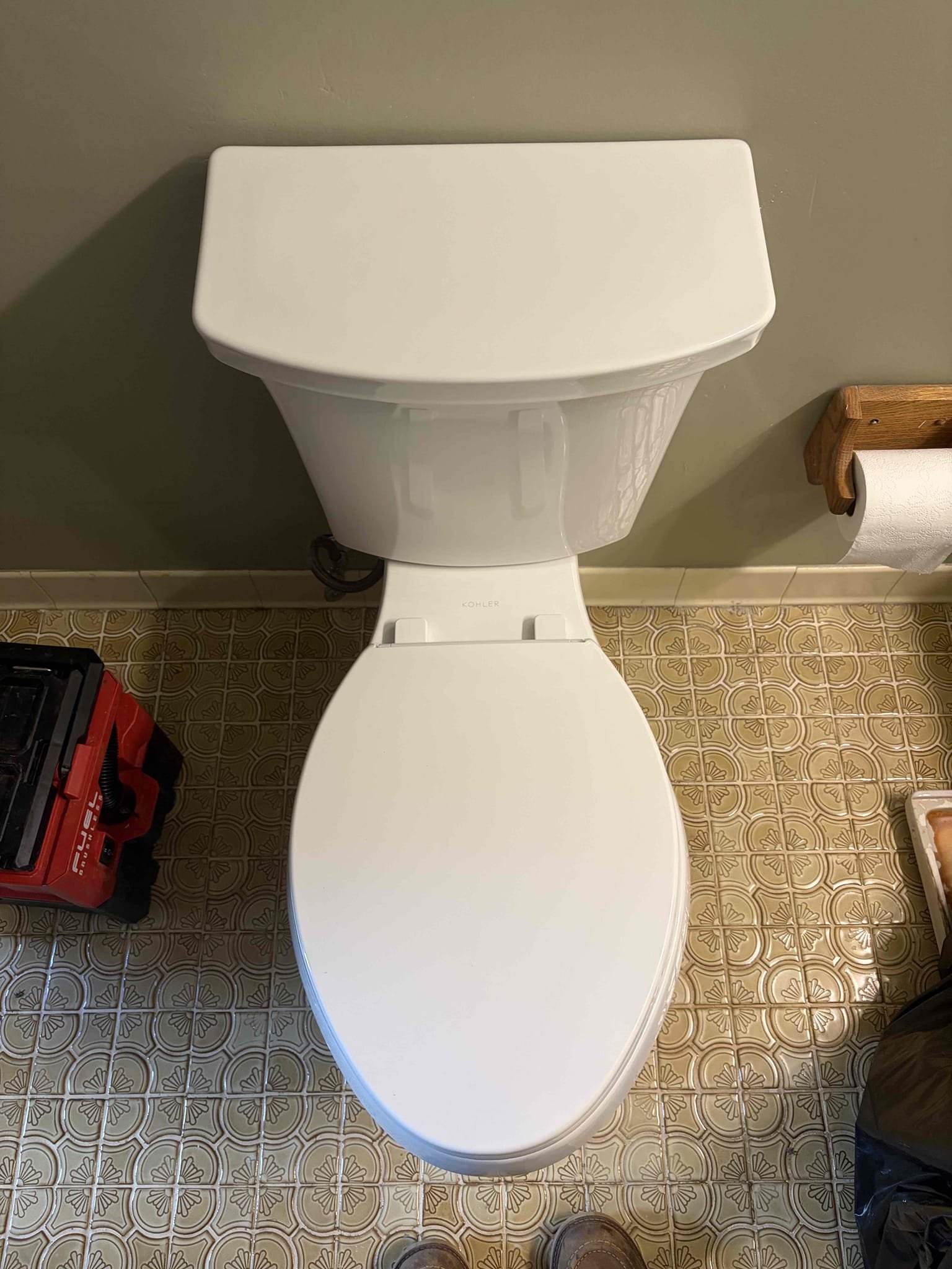 Kohler toilet replacement 
This customer installed a new toilet Kohler install. The previous toilet was just old and that’s why I wanted to be replaced. The customer has these tiles in the bathroom that potentially may leak water from the toilet because of the way that they’re sloped in words of the toilet, there could be a potential risk with that and leaking from the bottom into a small little utility closet in the basement. At this time there are no leaks from the toilet From below or above caulked the toilet around the base flushed a few times to indicating that it was a good flush and to make sure that there are no issues with the toilet. The customer is all set to use the brand new toilet at this time. There are no further issues however, I did tell the customer that if it does start leaking, we would have to replace the flange along with the pipe below, and they would have to redo the tile we would come back and set in new flange and set the toilet back. 