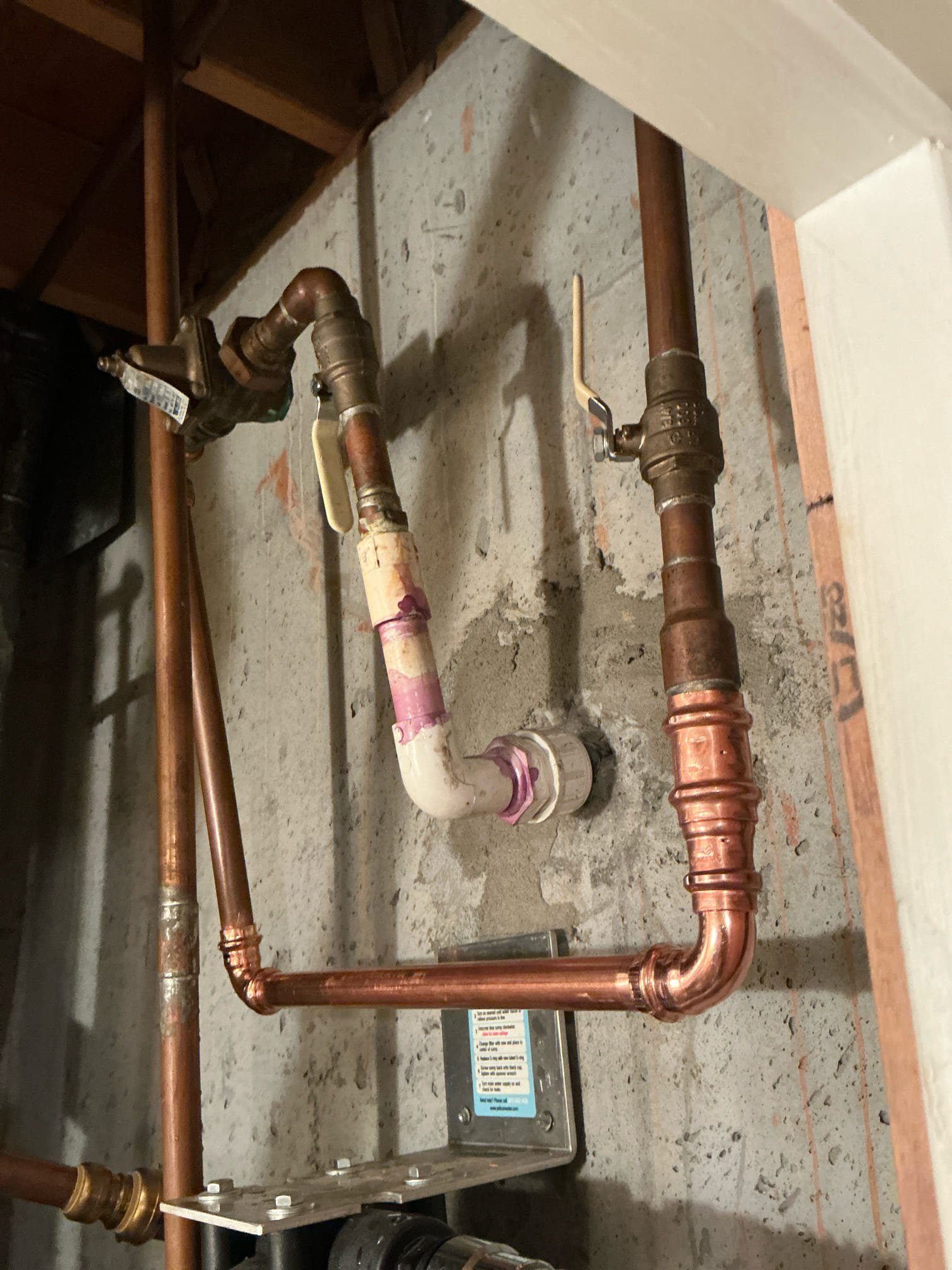 Customer wanted to remove water filtration system however previous installer did not add bypass had to re-pipe small section, customer agreed re-pipe small section tested everything for leaks. Everything is working as intended.



(Informed customer that water pressure was extremely high about 120 psi customer has multiple sharp bite fittings on mainline informed customer we are not responsible if  leak developed  on shark bite  fittings recommend replacing fittings)