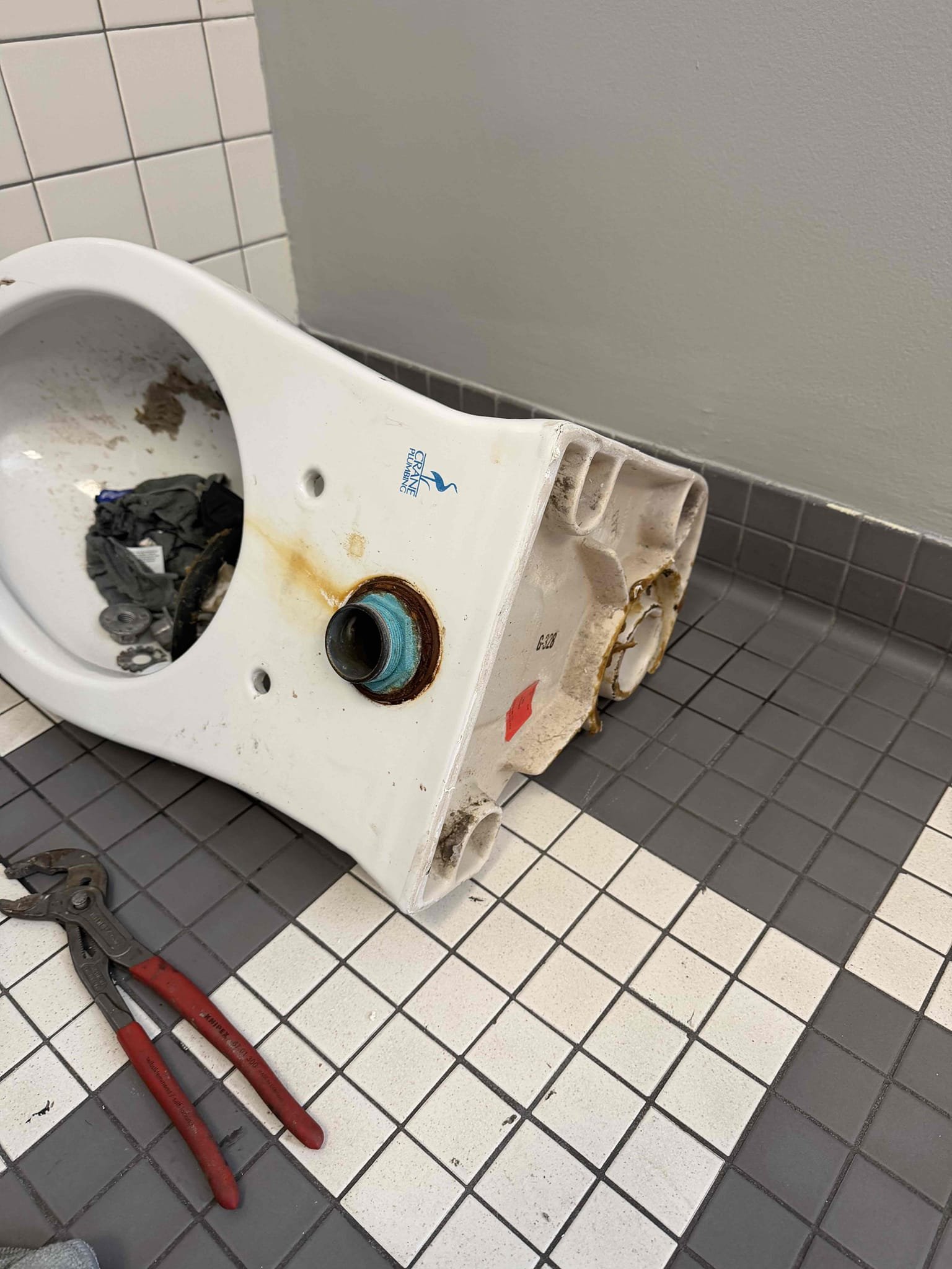 Pull wall hung toilet and run snake to attempt to clear blockage. If more than one toilet needs to be pulled there will be an additional charge.

Customer stated that girls locker all toilets were backing up. Pulled toilet that was closest to main drain and ran drain cleaning equipment to clear blockage. Found that blockage occurred because a rag was flushed down. During resting toilet, toilet cracked. So went ahead and installed new toilet with no extra charge. Tested toilet by flushing multiple times and didn’t notice any leaks. Also all toilets are now flushing as they should. Chen plumbing dosent warranty drain cleaning. Cleaned up work area. Give caulked 24 hours to dry before use.

 Toilet has a 1 year warranty 