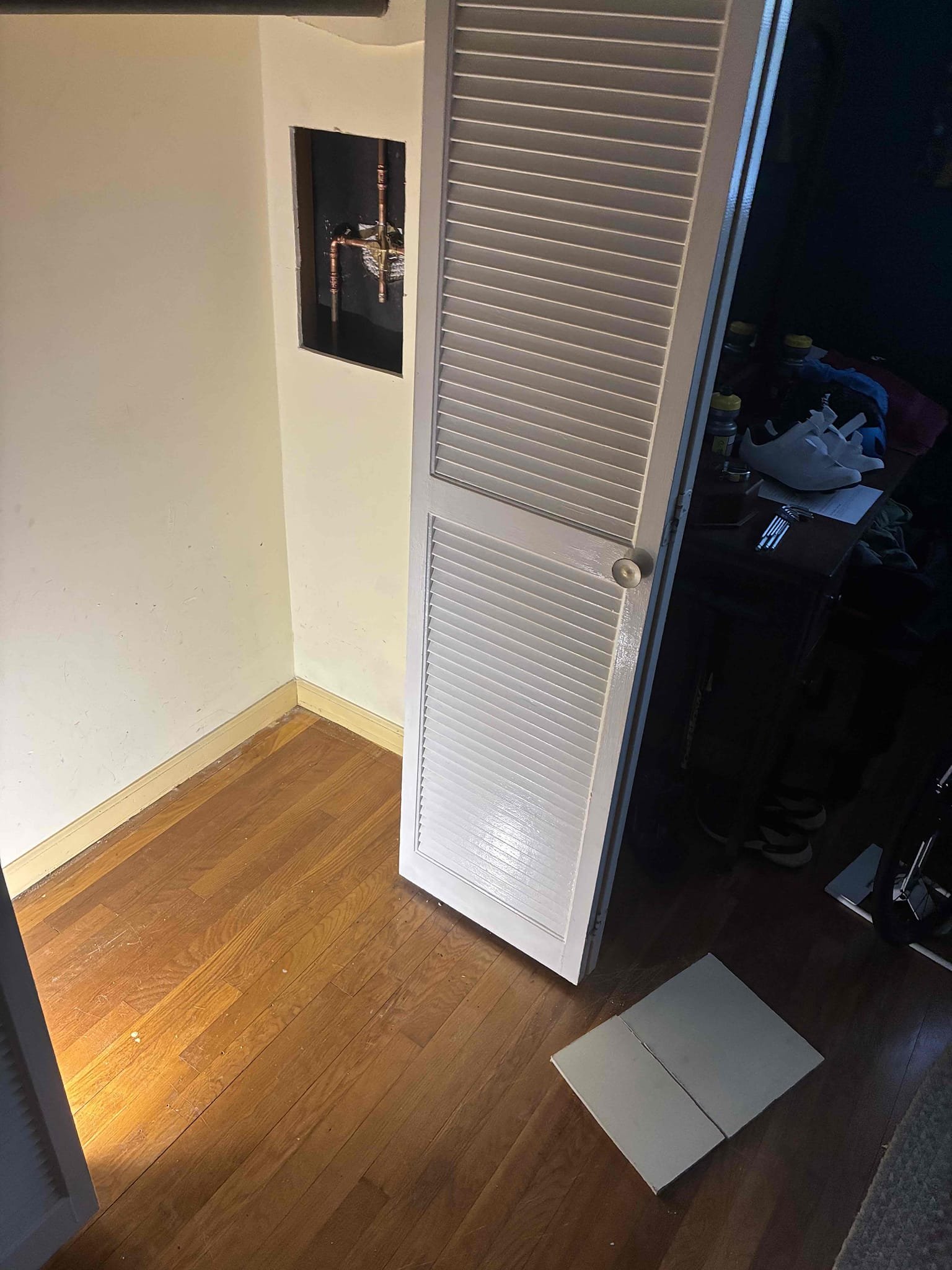 Customer had small leak on copper line in basement near out of use gate valve. Customer also mentioned hard to turn handles and dripping handles for two handle shower. Gave customer options for repair/replacements. Cut out section of copper and replace with new copper to fix leak. Converted old two handle shower valve to Moen château Positemp shower valve. Cut wall behind shower and small hole in tile in order to install new valve. Explain to Customer about sheet rock and gave option for additional backing to shower valve. Customer said they were going to address it at the same point of time when addressing sheet rock. after repair/replacements, turned on water and checked for leaks and proper function of all items.