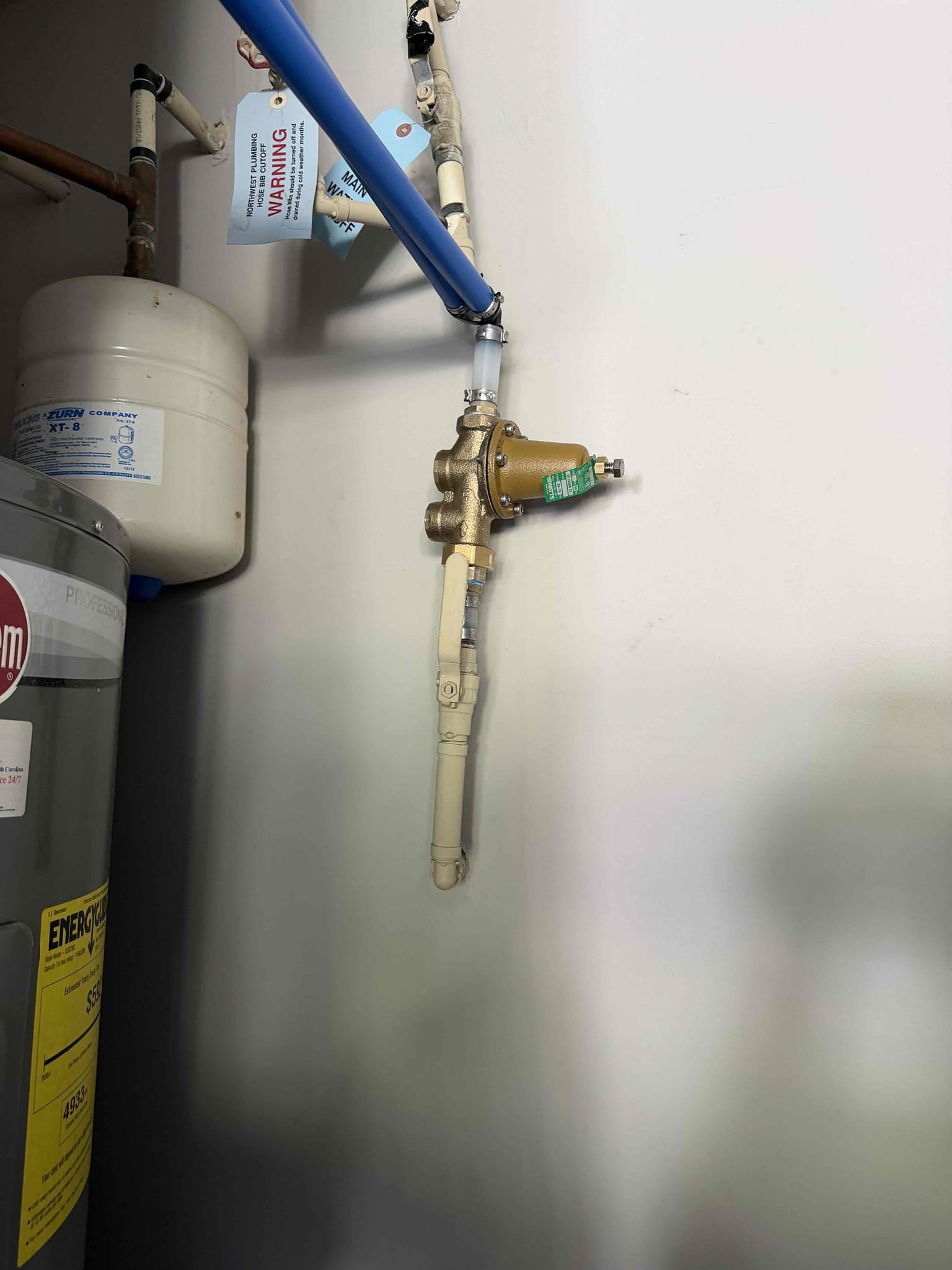 Remove existing PRV and furnish and install new PRV with new main house shut off valve.

Customer stated that shower pressure was low and also that there was a leak under the sink. Took a look at water pressure for home and it was above 80 psi. Recommended to customer have PRV replaced and customer agreed. Went ahead and furnished and install new PRV. Set water pressure to about 65 psi. As for water pressure for shower recommended to customer to have cartridge Replaced to see if that fixes issue. At this time, customer didn’t want us to replace cartridge. Also found that water heater is from 2014 and recommend customer that also have water heater replaced due to age. Will send estimate to replace water heater and cartridge. Also found that thermal expansion tank has failed.