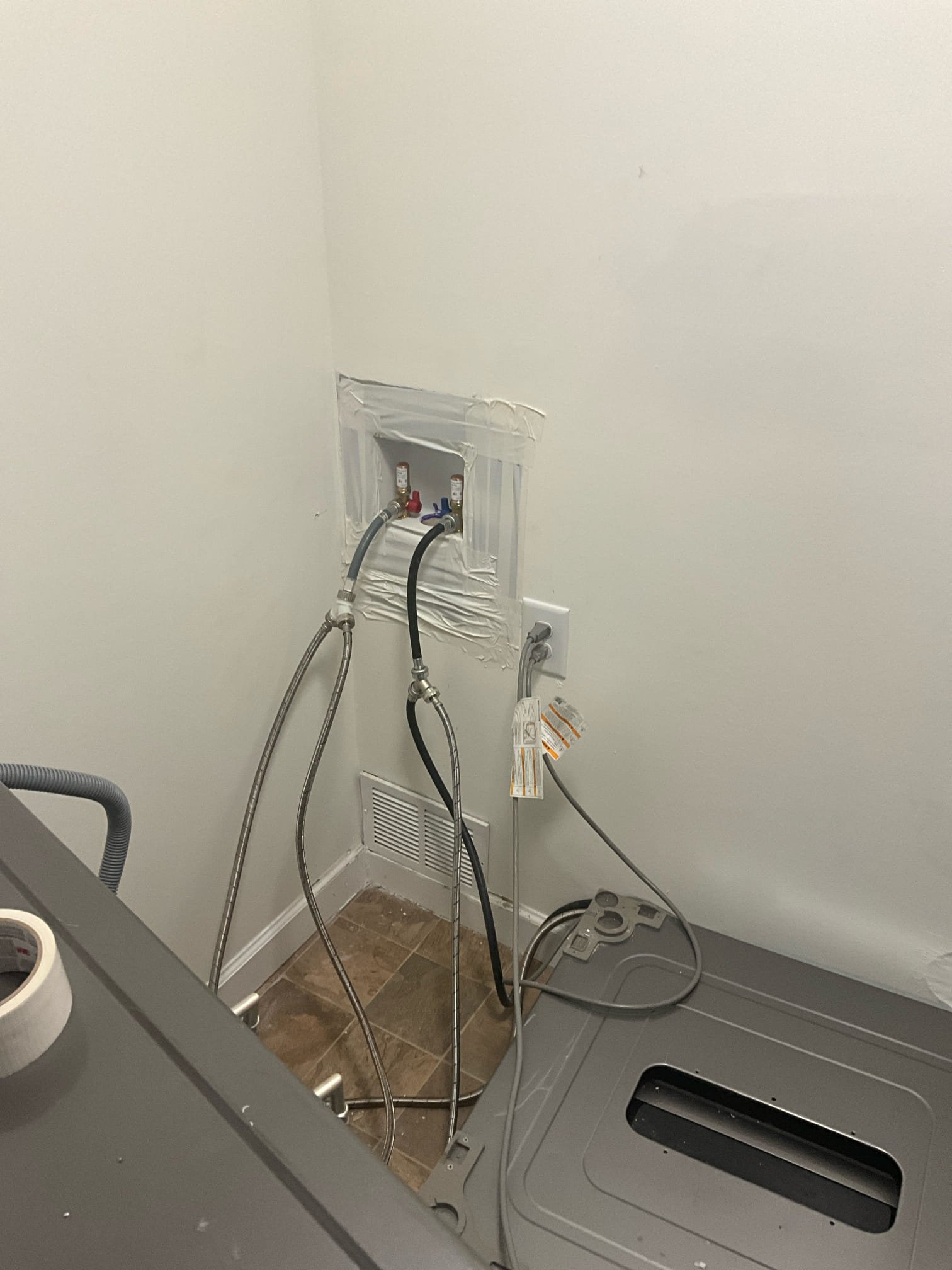 Customer wanted a washing machine box with hammer arrestees installed, customer had washing machine box already. Installed customers washing machine box and hooked water lines back up. Customer has a washing drawer with its own water and drain lines. Cautioned customer that running both of those lines through the same drain can overwhelm the system. Customer didn’t have a washing machine drain hose for the drawer. Turned water on to the machines and helped customer stack washing machine and dryer on top of storage drawer and washing door as a courtesy. 