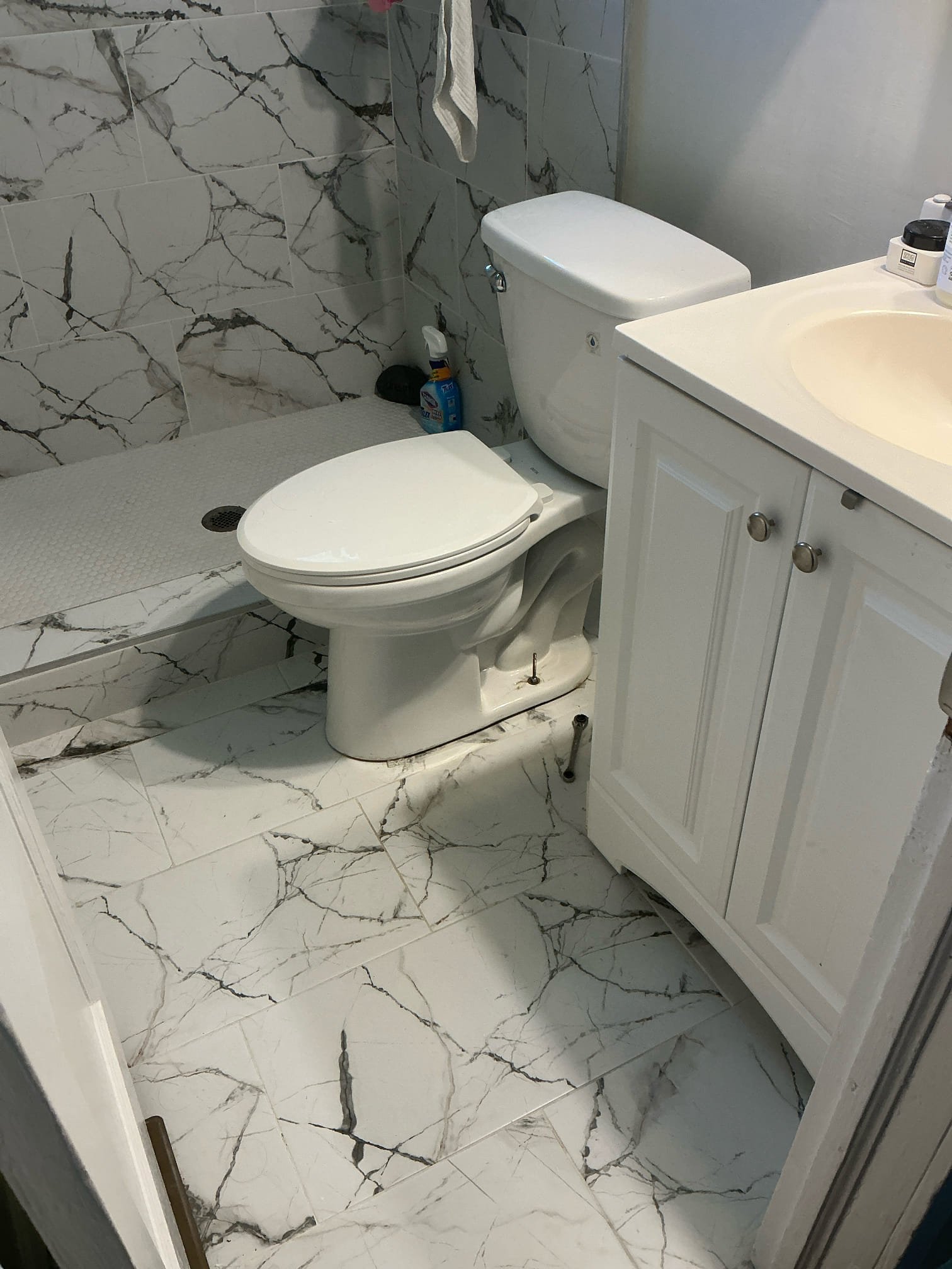 Replaced hall restroom toilet flange. Installed new 14” rough toilet in hall restroom. Installed new 3/4 horse disposal on right side of sink. Installed new end outlet on kitchen sink. The left basket strainer was not worked on. Ran water in kitchen sink and flushed toilet several times to test.