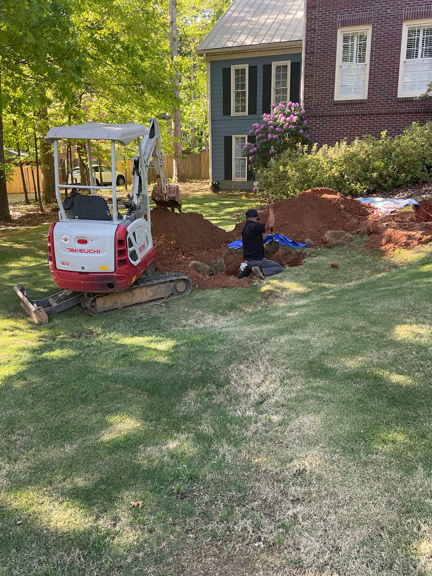 Replaced a belly sewer line from house to middle of the yard with excavator digging , back fill , removed a section walkway , not included grass and plant put back 