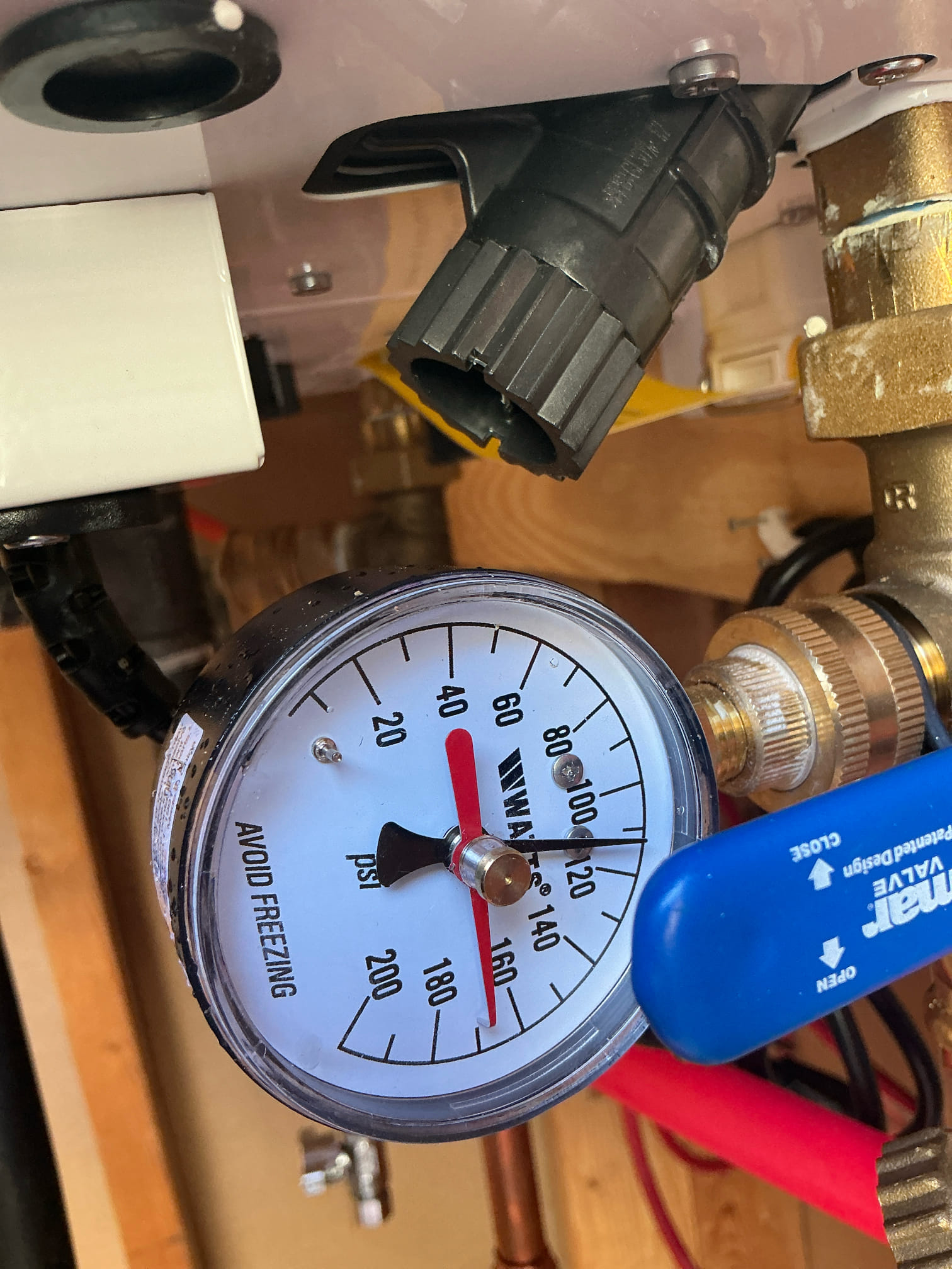 Found water pressure at 110 psi. Replaced main house shut off and Prv in crawl space. Set pressure to 63 psi with new Prv.