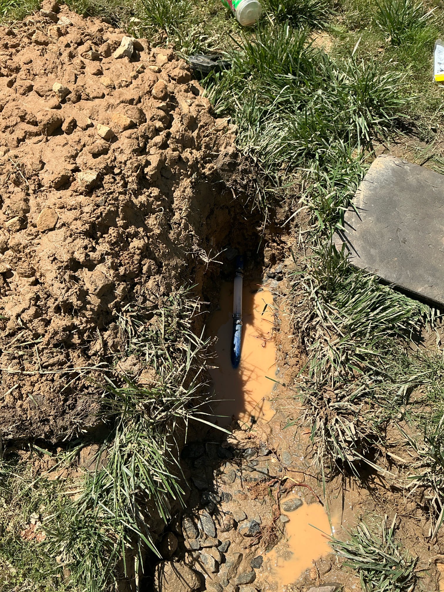 Found 1 inch blue pex line leaking leak occurred because of rocks used to bed pipe informed  customer that likelihood of another leak developing is extremely high with the rocks around the pipe. Customer understands at this point found  leak replaced it with 1 inch pack a warranty only applies on our fix not rest of the line