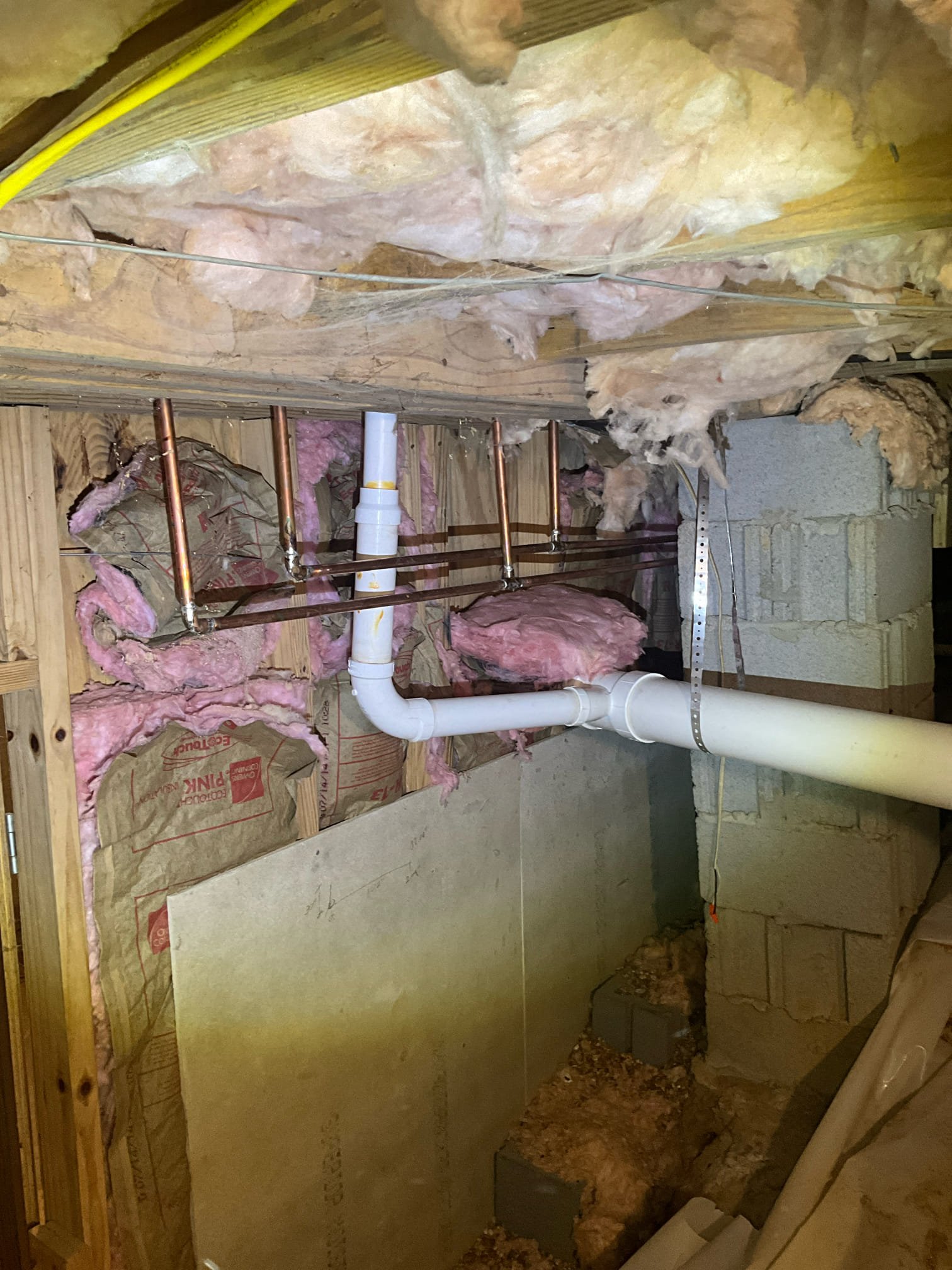 Customer had roughed in a new bathroom for his basement in the home. Customer attempted to pull a permit with the city and the city informed customer he needed a plumbing inspection first. Customer approved price of $150 for plumbing inspection. Chen Plumbing can not sign off on the plumbing at this time for the stated reasons:
1. The pump basin cannot be vented off of a studor vent. The vent needs to direct vent.
2. There must be a shutoff installed in the discharge line for the sewage ejection pump
3. There is a running trap in the crawlspace. The laundry room cannot share a trap with the shower. Each line must be individually trapped on their own line.
4. There is no venting for the fixtures in the bathroom or the laundry room. The shower, toilet, and lavatory faucets must be vented properly and not just off of the sewage ejection pump with studor vent. 
5. The incorrect glue was used for prv fittings.
6. The water lines were undersized by running multiple fixtures off of a 1/2 inch