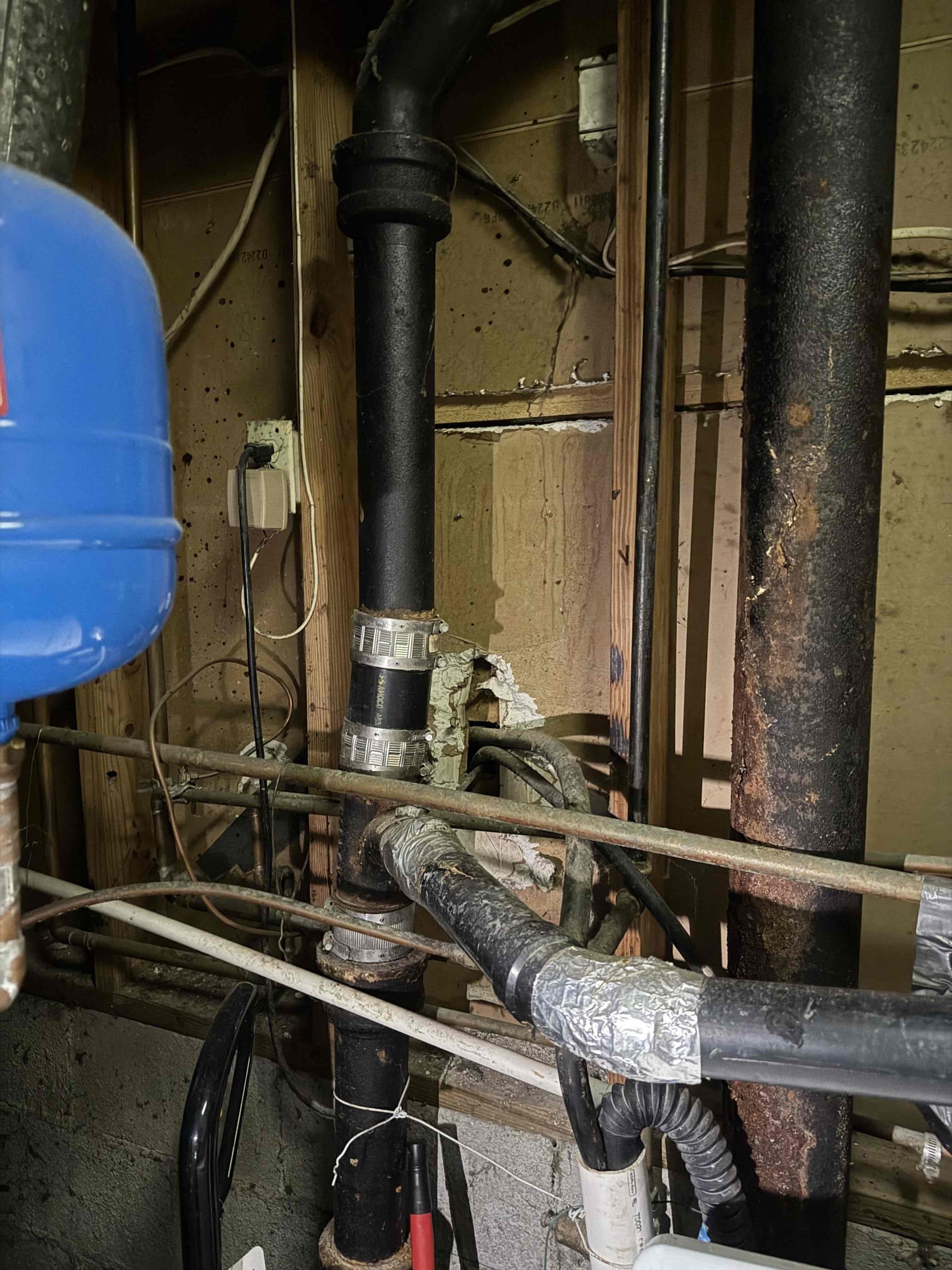 Water leak upon arrival. Customer stated her basement flooded with water and she didn’t know where it came from. After looking found both cast iron sewer stacks coming from upstairs leaking, the 4 inch one had a 5 ft crack down the middle of it. Also found all 3 toilets running constantly and two supply stops not working properly. Informed customer in order to fix the issues we would need to rebuild all 3 toilets, replace the two stops and cut out the two bad sections of cast iron and replace it with pvc. Gave customer estimate, customer approved estimate. Cut out both bad sections of cast iron and replaced it with new pvc, also reworked the kitchen sink drain with pvc. Rebuilt all 3 toilets with new inner parts and replaced two stops, all toilets got new supply lines. Flushed all toilets, ran tub and shower in both bathrooms and ran the kitchen sink to make sure the stacks were no longer leaking. The main sewer stacks are no longer leaking and are flowing properly. Informed customer t