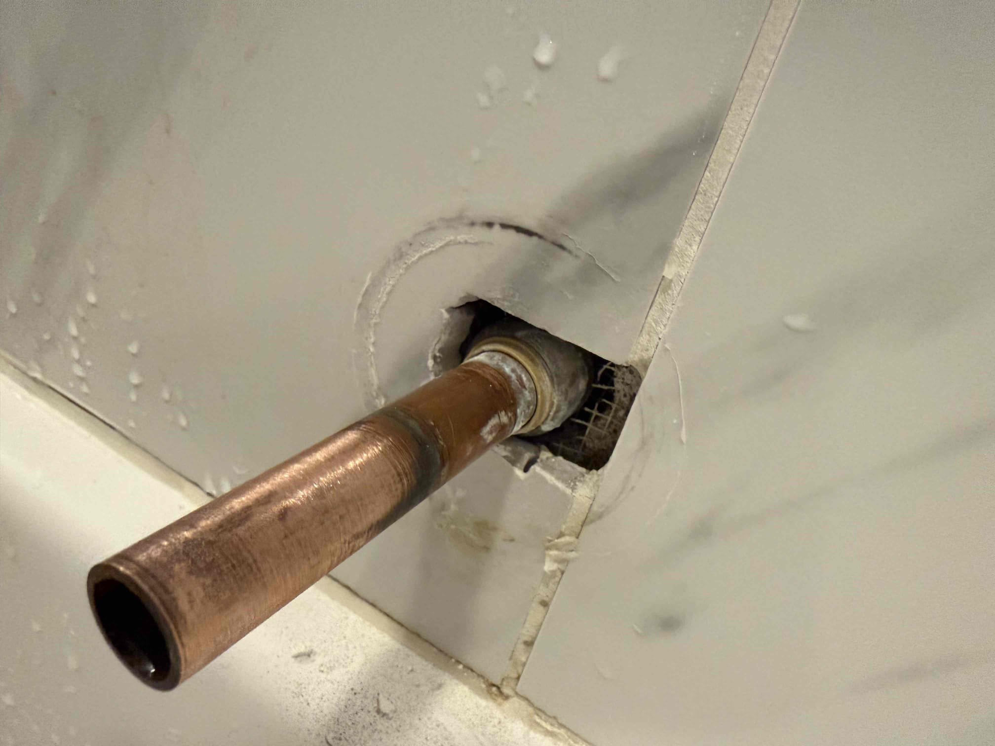 Upon arrival customer stated there was a leak coming through the downstairs shower ceiling. Gave customer quote to open sheetrock and do leak search. Customer approved quote, opened sheet rock in downstairs shower, and found the leak to be coming from the upstairs master shower tub spout leaking water and running down the tub going through the floor causing water damage. Gave customer quote to replace tub spout and the customer wants to wait to see what provision is going to do first. Tub spout still leaking water and dripping down upon departure.