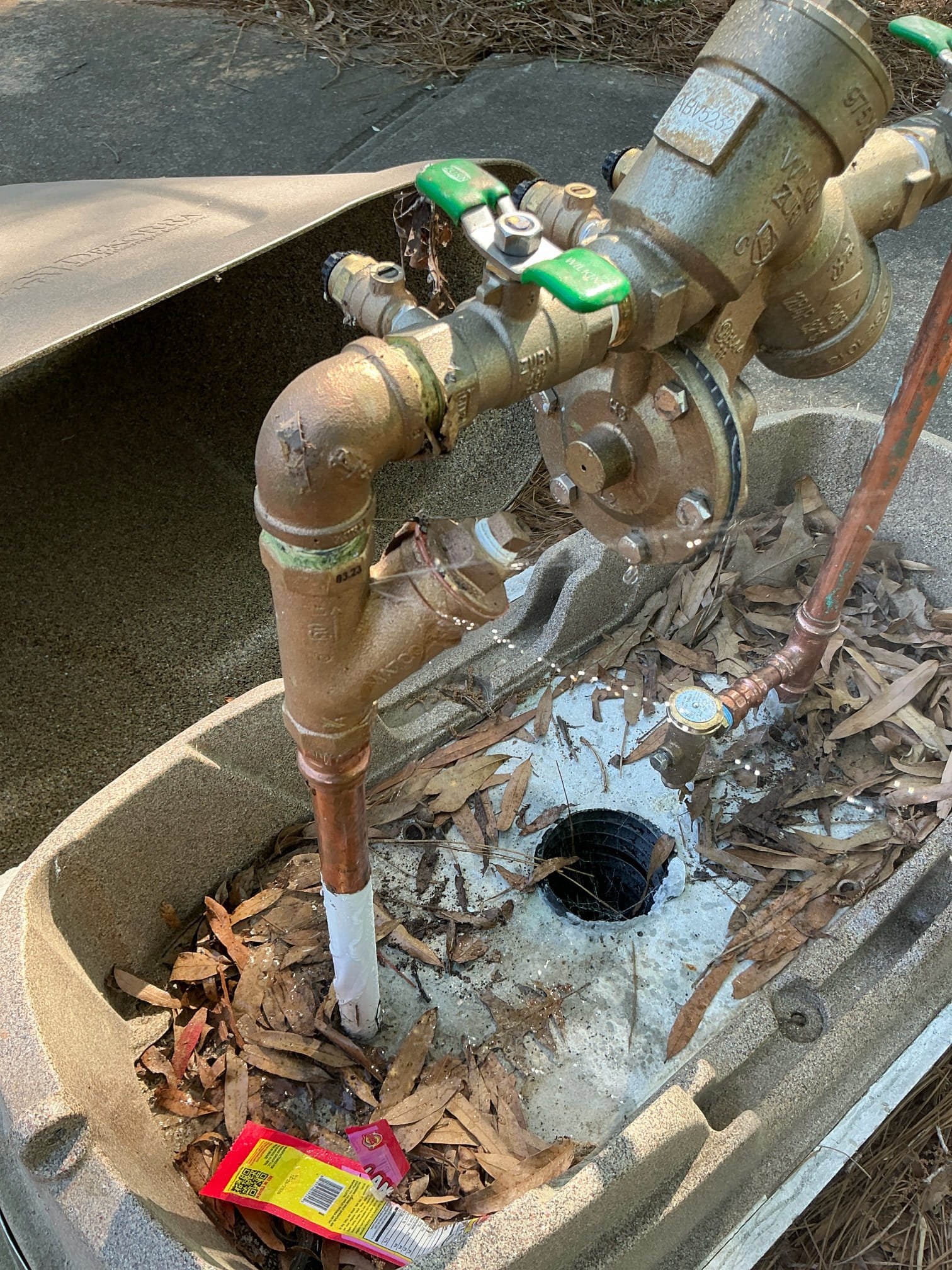 Shut off water at meter. Remove rpz valve cover box. Disassemble leaking and broken part (check valve leaking due to cracking in cold temp). Replace broken part with new check valve. Test for proper operation and leaks. Also once water turned on went inside of pool house to bleed all air out of water pipes and to check for leaks. No leaks found after work completed. 