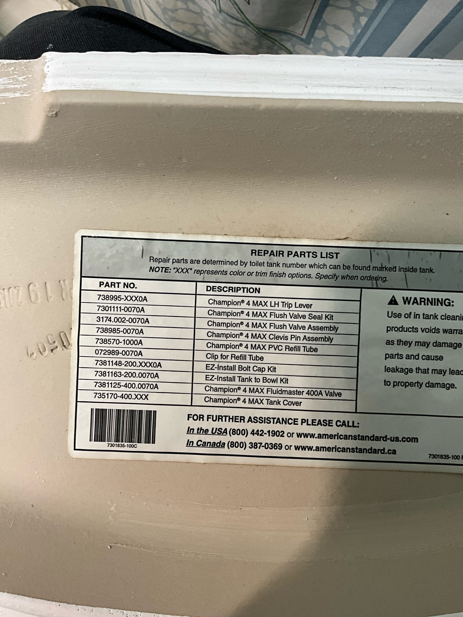 Call for toilet running.

Arrived and met with Ms. Jane. She states that an upstairs hallway toilet sometimes refills. She is aware of the issue, as she has American standard champion toilets throughout the home.

I inspected the toilet and found that the symptoms and condition are consistent with a known problem. The American standard flush seals often go bad prematurely. However, I also found that the tank to bowl hardware is in very poor shape.

Water pressure is perfect at 50psi. 

I discussed concerns and findings with Ms. Jane. While attempting to locate replacement parts we found that there are no locally available parts. The American standard flush valve for these toilets are listed as obsolete as of last year, and findings parts is getting harder to accomplish. 

Jane agreed to rebuild the entire toilet, and I let her know we will contact her as soon as the part arrives to schedule a good time to install.