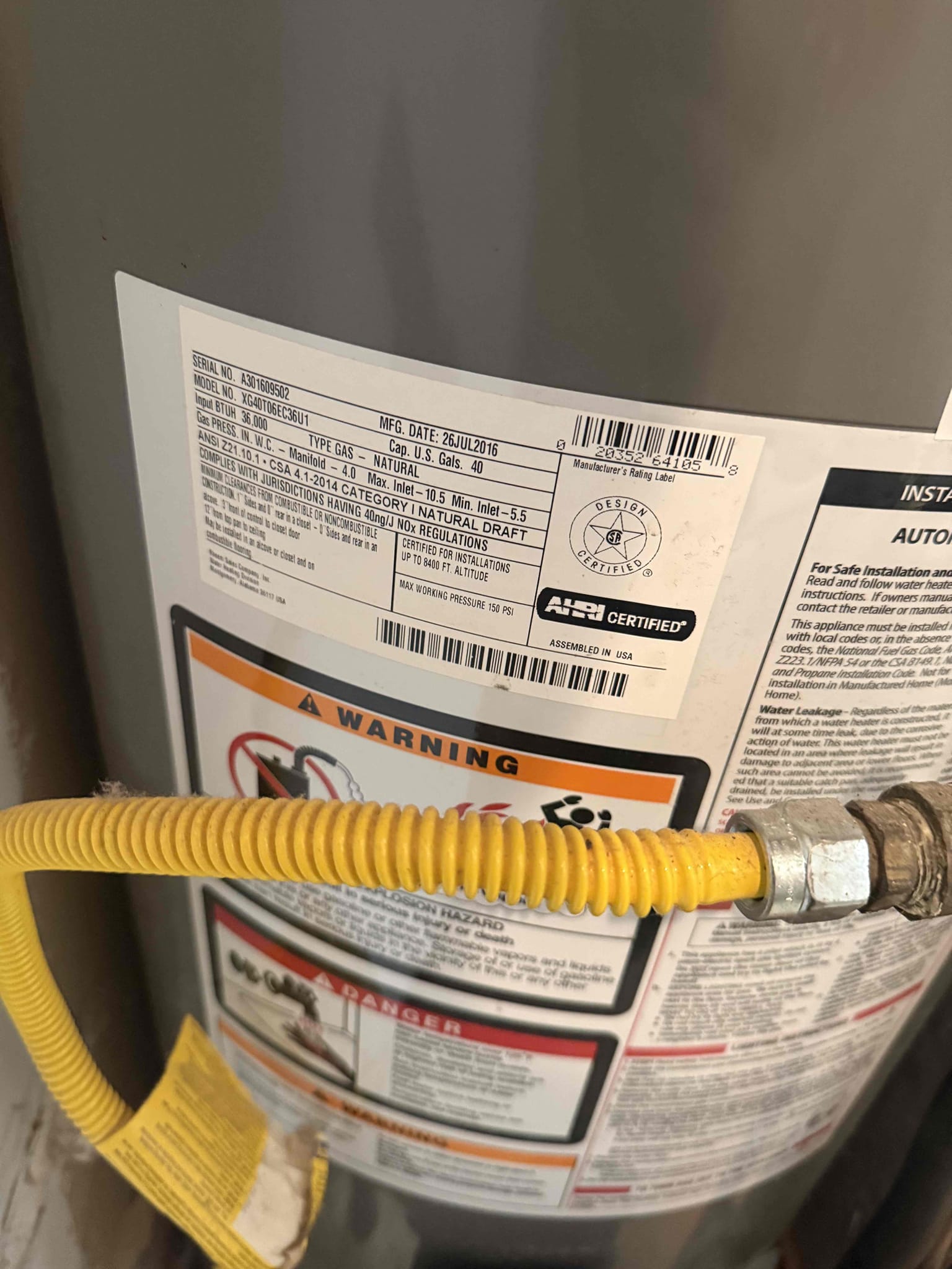 Customer wanting estimate to replace her water heater due to the age being almost 10 years old. Customer also wanted to rework the way the PRV was installed due to them using flex lines and shark bite fittings. After looking informed customer we would need to install the slim Bradford white 40 gal gas water heater due to spacing. We would also add a new expansion tank and get it mounted in a bracket and install a new quarter turn ball valve. Informed customer we could cut out all the sharkbite fittings and flex lines and replace the PRV with a new one while adding a new whole home shutoff valve. Gave customer estimate, customer stated she would be making her decision soon 