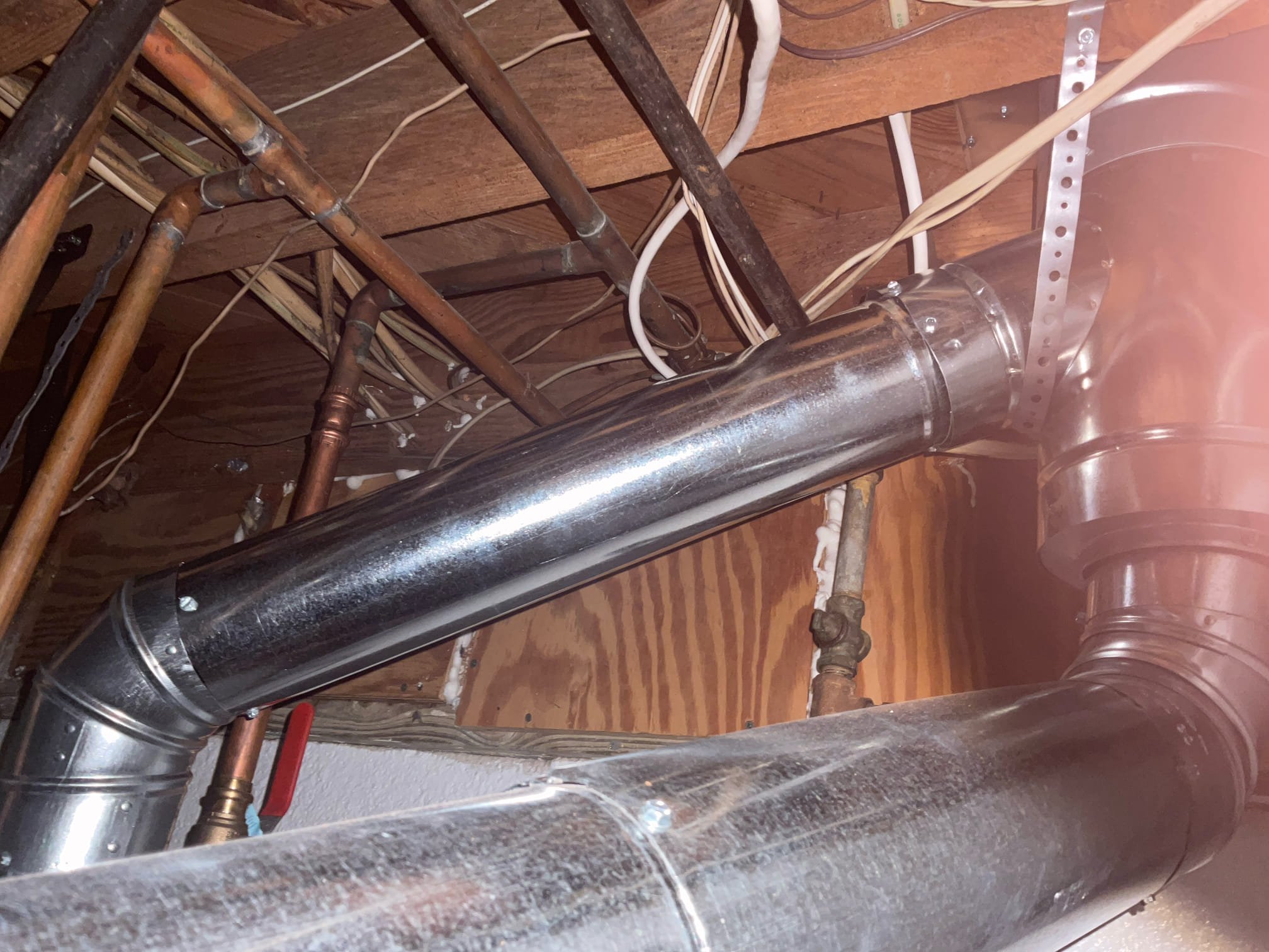 Today we replaced about 18 inches 4” single wall vent pipe on top of the water heater that had a hole in it , old pipe hole was plugged by a bolts and red fire caulk , customer want us remove that section pipe and install new pipe which is what we did today , after install customer light the water heater and set temperature at customer desired temperature. 