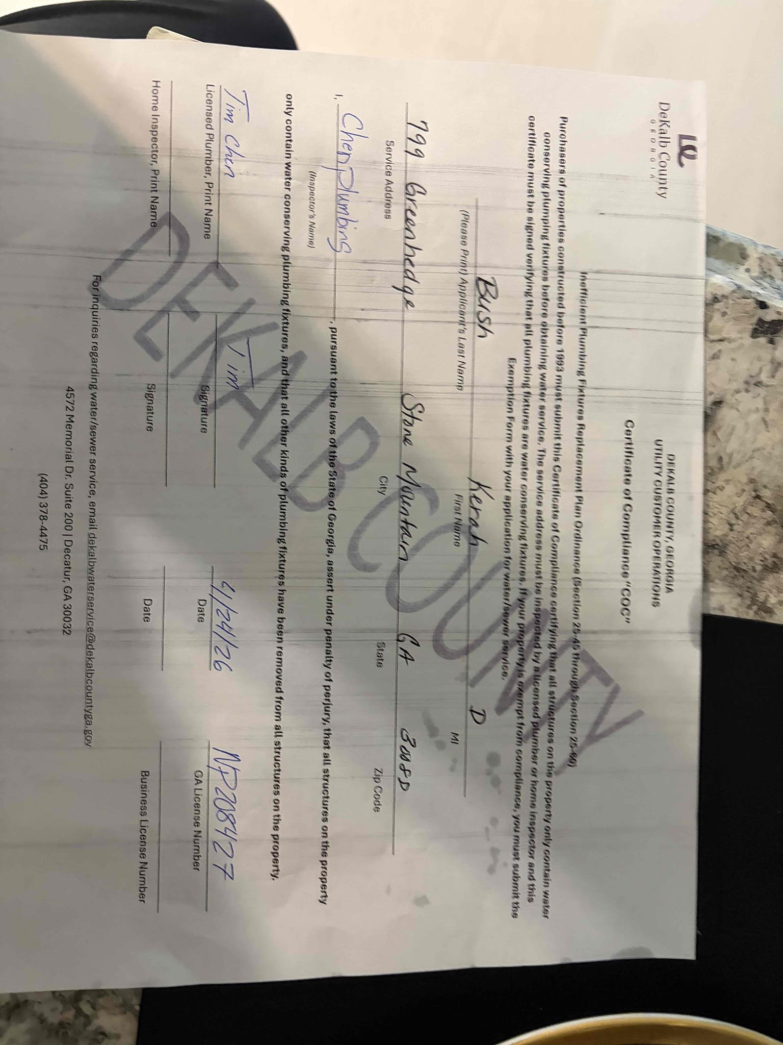 This customer did the DeKalb County low flow water inspection. Their house has been remodeled from the inside. The toilets have been replaced along with all the shower fixtures, so they are all low flow. In addition to that the water heater is out of code. It needs to be fixed with the proper thermal expansion tank And mounted with a bracket we would have to redo the cold water line and properly install the expansion tank addition to the drain lines underneath the lavatory sink in the bathroom downstairs in the kitchen sink the flex pipes that were used are incorrect and need to be properly corrected with hard piped poly tubing and PVC fittings for proper fit. The water pressure is fine at 45 psi And the customer is all set.