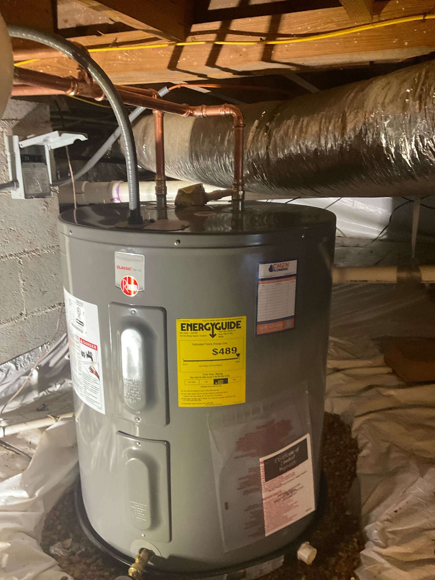 Replaced 40 gal electric low boy heater with a 50 gal electric low boy , replaced cracked CPVC pipe with copper , new water shut off valve and bracket for expansion tank installed 