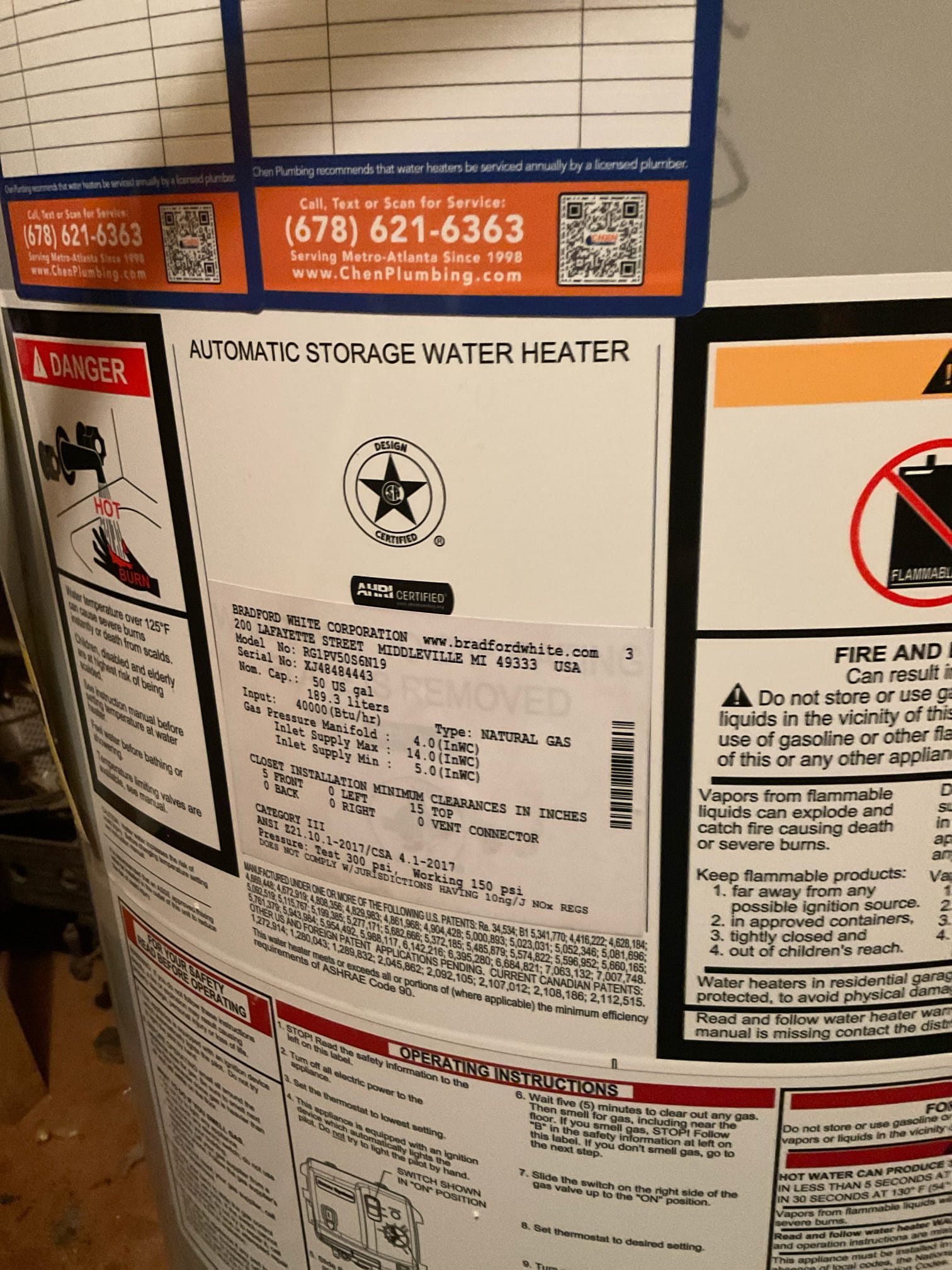 Supply and installed approximately 3 Years old used 50 gal gas power vent water heater as discussed with customer to save some cost , water heater still under manufacture warranty , one year labor warranty from chen plumbing . 