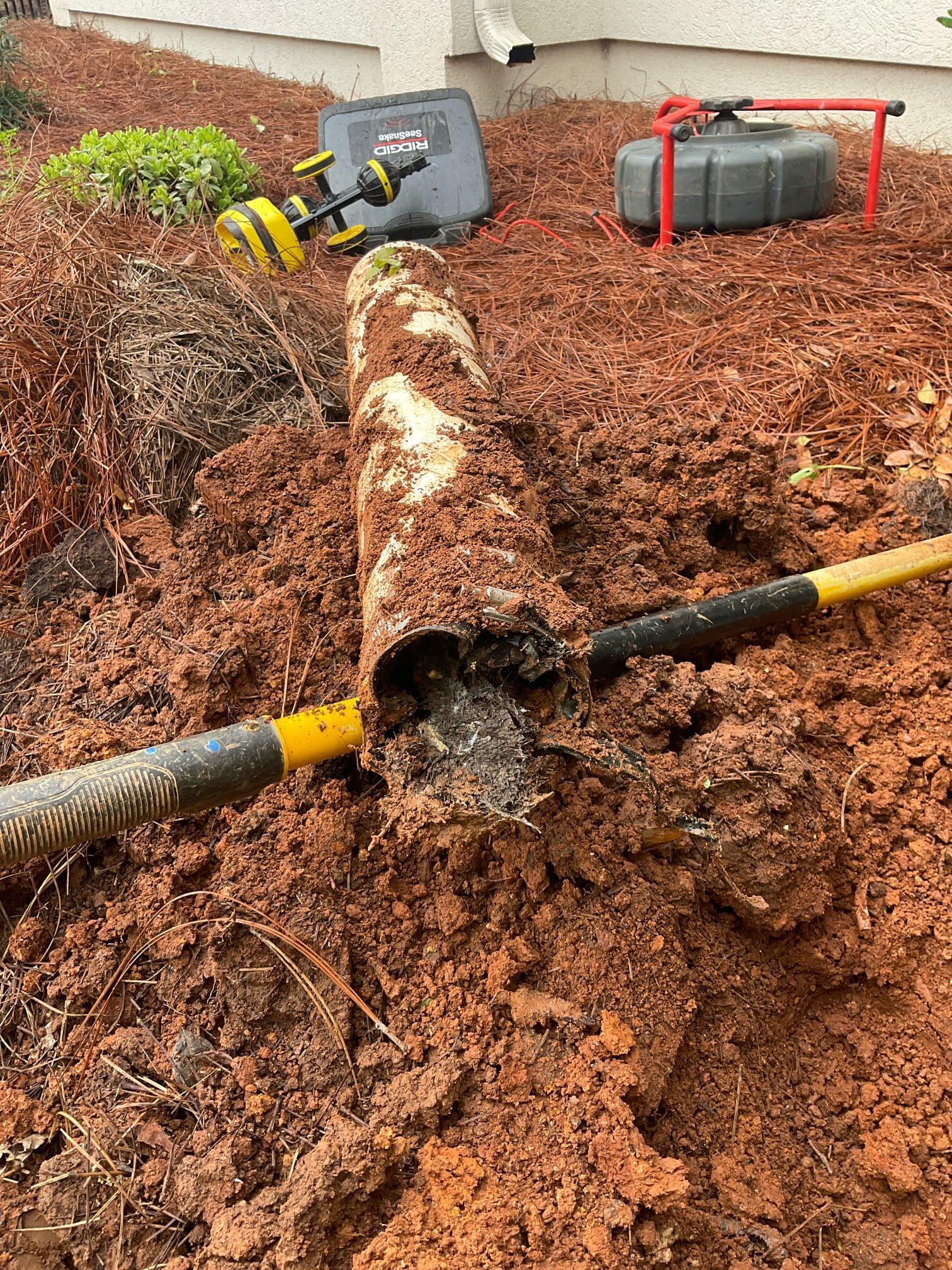 Replaced a section of sewer line outside was Damaged by roots with new pipe and concrete around new fitting for extra reinforcements, camera inspected rest of line , found a minor belly at 79 to 80 feet from clean out , but pipe is still in good shape with no break or roots , this belly should not caused any problems. 
We replaced bathroom sink ORB pop up assembly, tightened bathroom sink faucet 
Check shower valve divider and is working properly at this time 