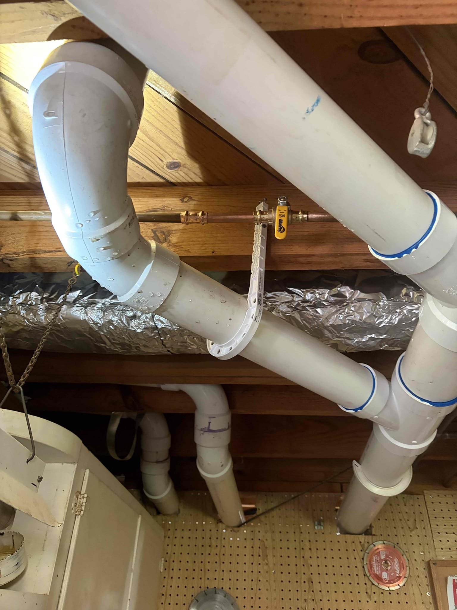 For this customer, we did our win with Chen annual home protection plan visit took a look at the sewer line no issues with that. Clean out in the front yard. They had the sewer line replaced last summer. Additionally, with that as well they also replaced the waterline to furthermore the water heater was replaced in 2023 by Schumate. We went ahead with the water heater flush today one of the more notable things from our visit today is that hose bib on the backyard? Was not secure to call come in and out of the wall when being used so I recommended we replaced that hose bib in secure to the wall. That’s exactly what we ended up doing Installed a male adapter in the wall on the copper pipe tied on a new hose bib and secured it with two screws. Additionally, we installed a new quarter turn ball valve in the ceiling. CUSTOMER has a pegboard with his tools on it and we didn’t want to disturb the pegboard so I relocated the shut off valve a little bit higher kept the old shut off valve in the