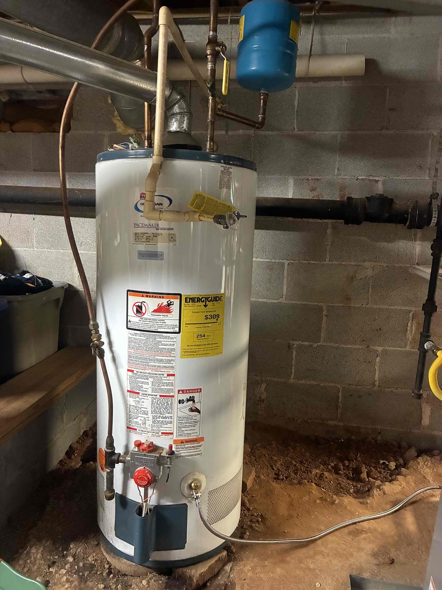 Customer stated they were aware of really high-pressure in home when I arrived. Checked pressure at water heater and found pressure to be at 120 psi. After a thorough evaluation, found heater of old age and thermal expansion tank to also be bad. Gave Customer options for repair/replacements in order to address these issues. Installed new Rheem 40 gallon gas, water heater and new watts PRV with three-quarter ball valve. Also installed new thermal expansion tank with bracket. After work was complete checked for leaks and proper function of these items. Pressure is now set to 60 PSI.