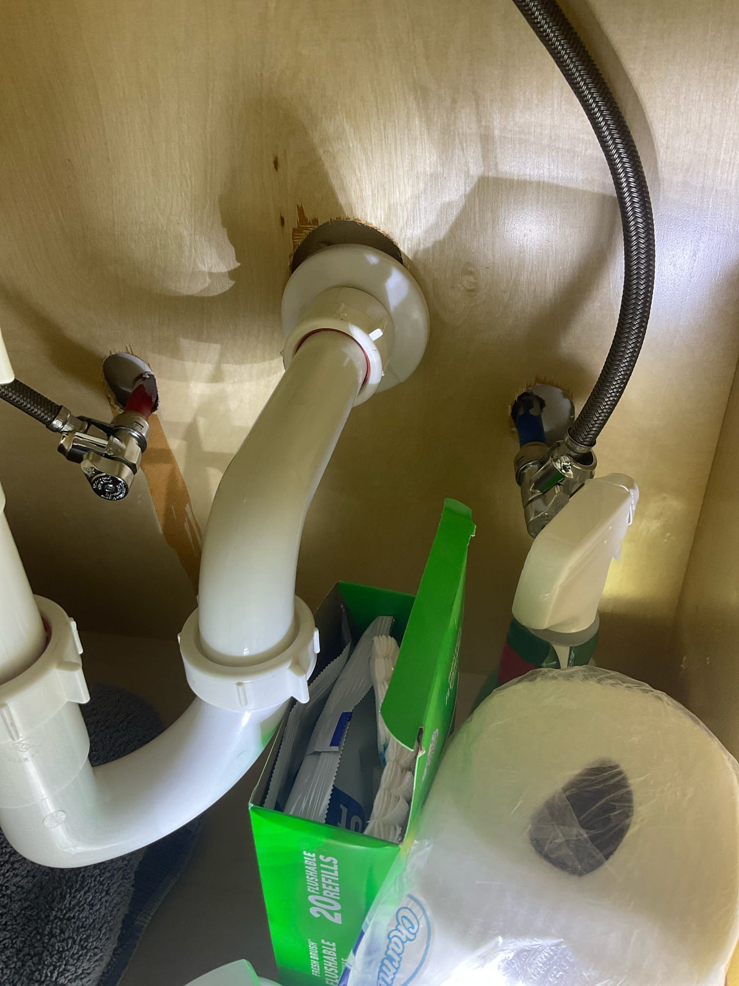 Found two sharkbite stop valve in the main level bathroom sink , 
All bathrooms, Master bathroom two sinks with plastic supply nuts connected to stop valve , find faulty expansion tank 
We quoted expansion tank m water heater 50 and 75 gal , stop valve and supply line replacement 