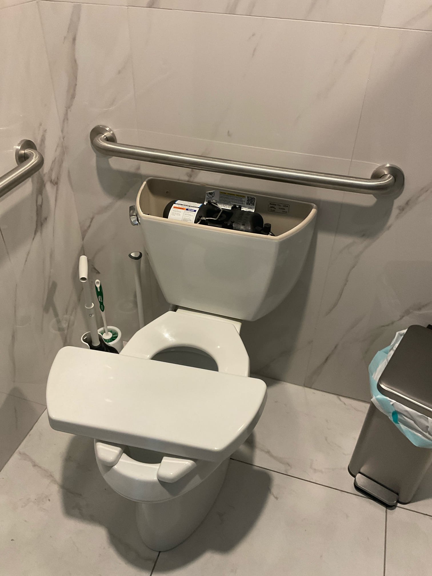 Problem with a power flask toilet , not flushing because of bad Sloan flushmate system , discussed with customer, agreed just replaced with a western elongated ADA toilet today so bathroom will be functioning without needing waiting to Monday for expansive repair . 
