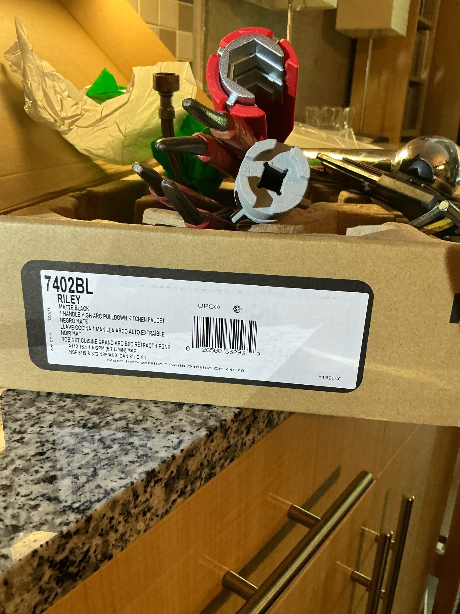 Kitchen faucet leaking from base. Customer provided new kitchen faucet. Installed customer supplied moen Riley 7402BL kitchen pull down faucet. Tested and left in good working order.