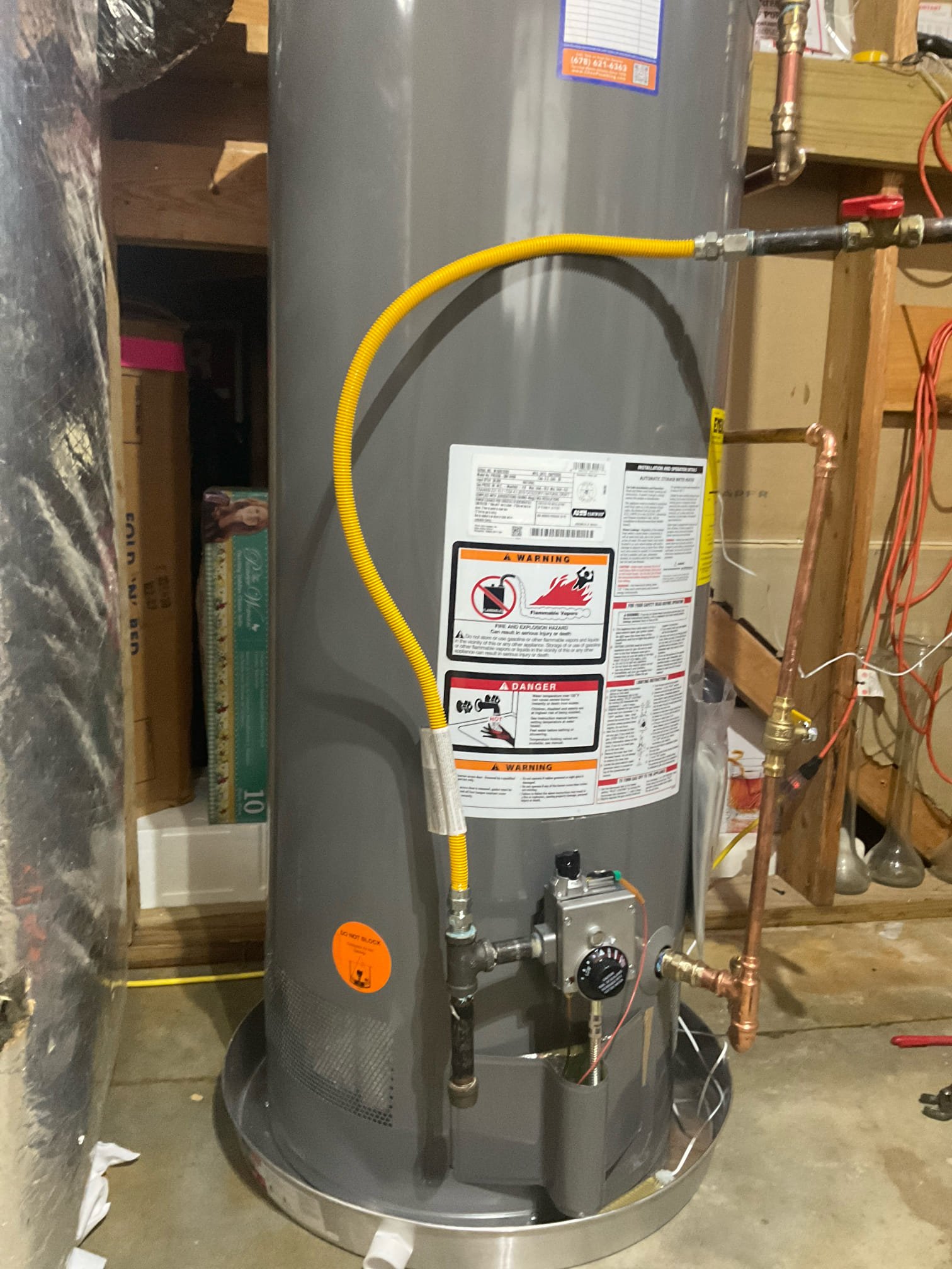Replaced a leaking 50 gas water heater, new Rheem pro heater. Pan . Leak smart valve , 4 years warranty extension kit , expansion tank installed 