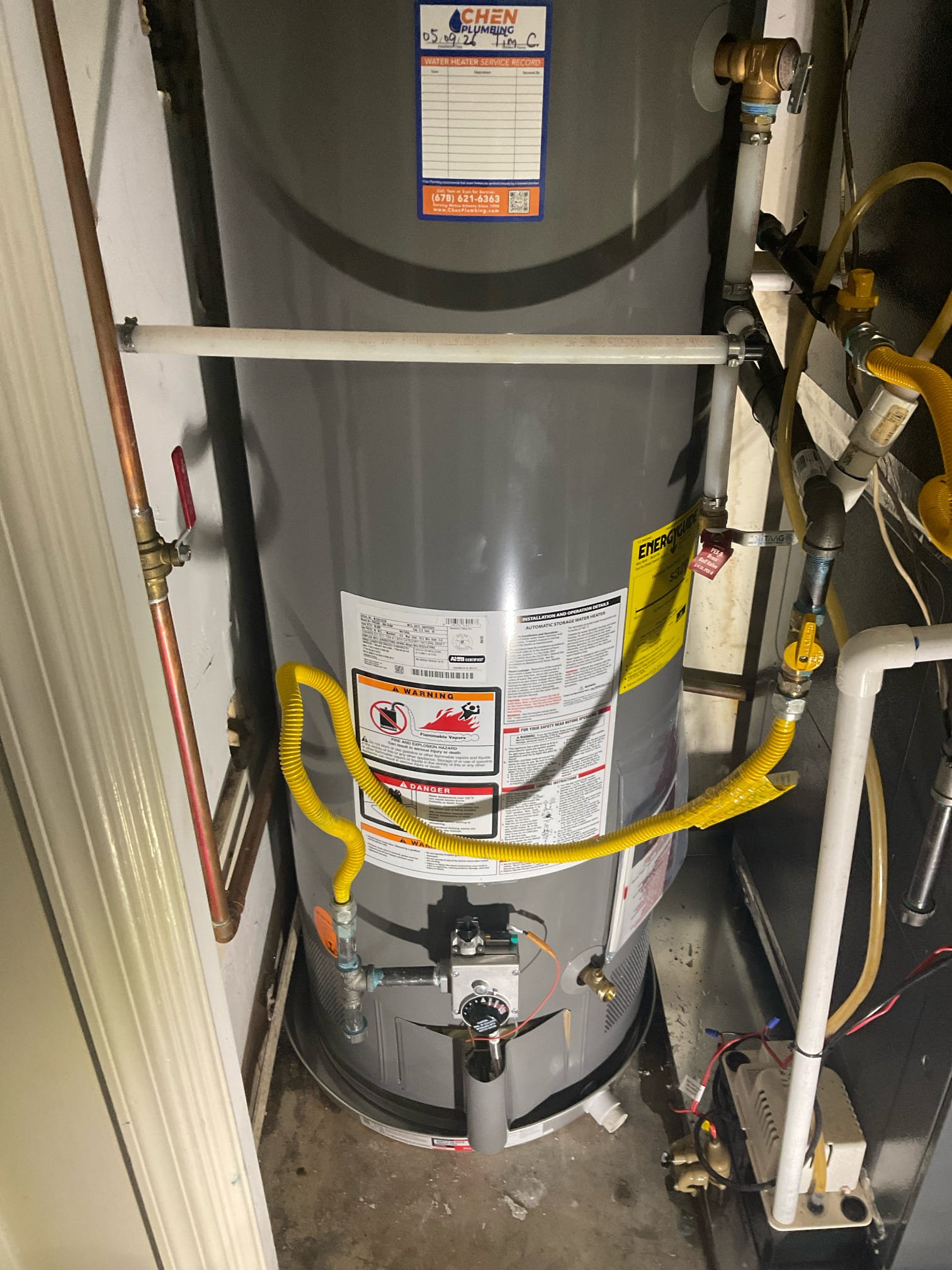 Replaced 50 gas water heater , new Prv , new expansion tank with bracket , installed pan under water heater , connected T P relief to the pipe outside 
