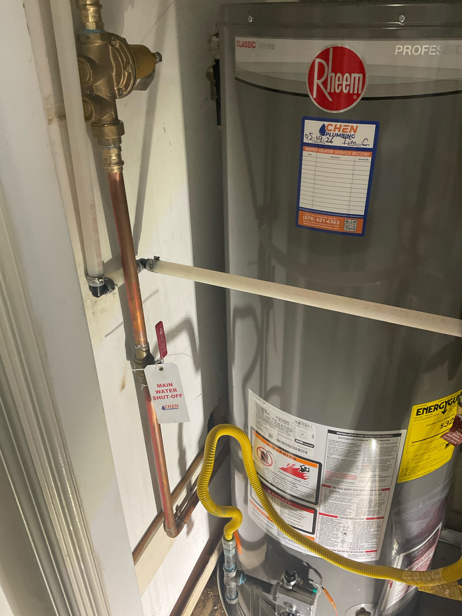 Replaced 50 gas water heater , new Prv , new expansion tank with bracket , installed pan under water heater , connected T P relief to the pipe outside 