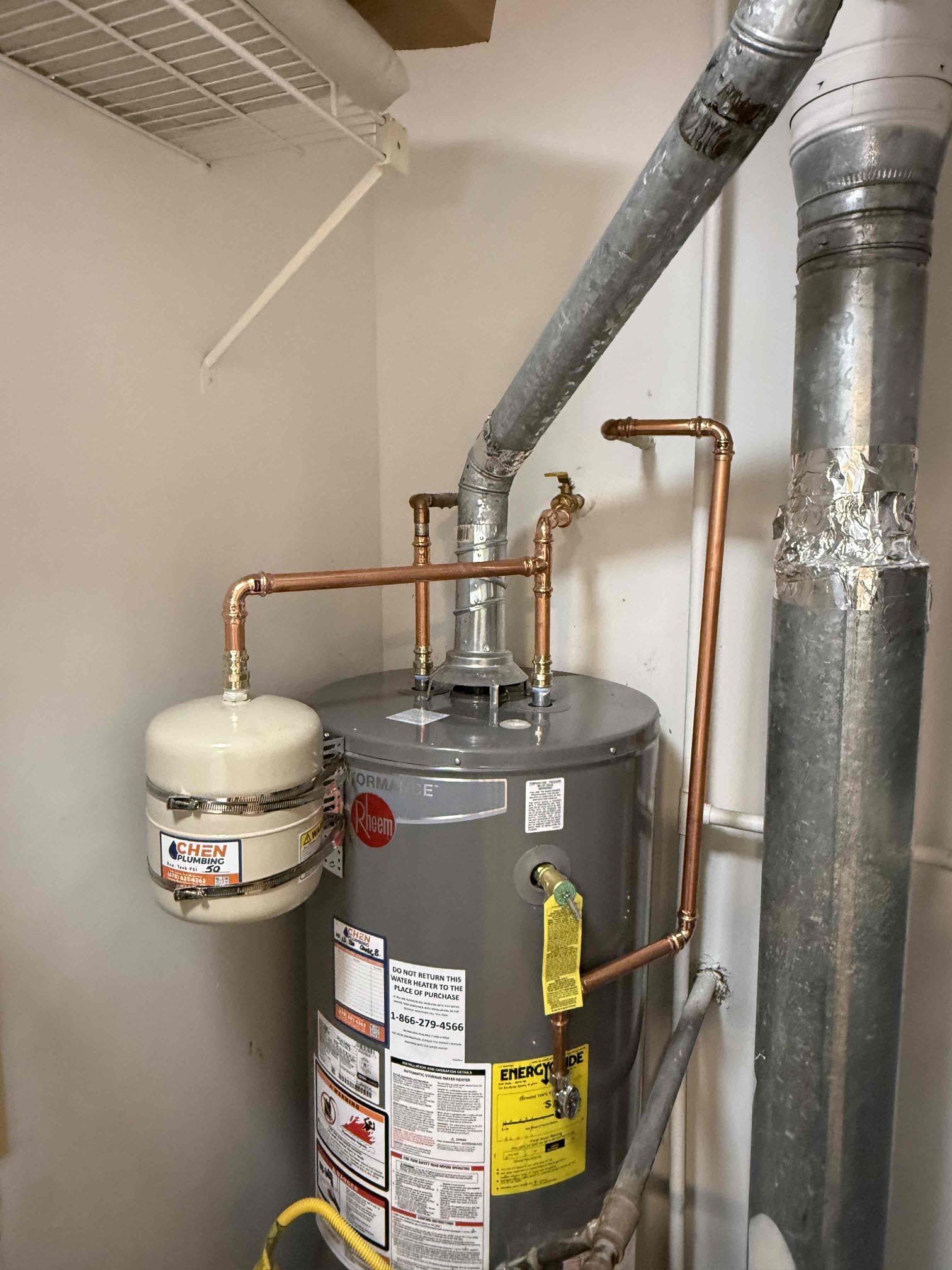 Returned to install new water heater and replace old laundry box shutoff valves. Installed new Rheem 40 gal gas short water heater, new expansion tank, new pan, new shutoff and reworked the t&p line. Installed two new quarter shutoff valves for the washing machine. Turned water back on to check for leaks and found no leaks. Fired up water heater and set to correct temperature. Water heater is fired up and working properly. Everything is working properly and no leaks upon departure. 