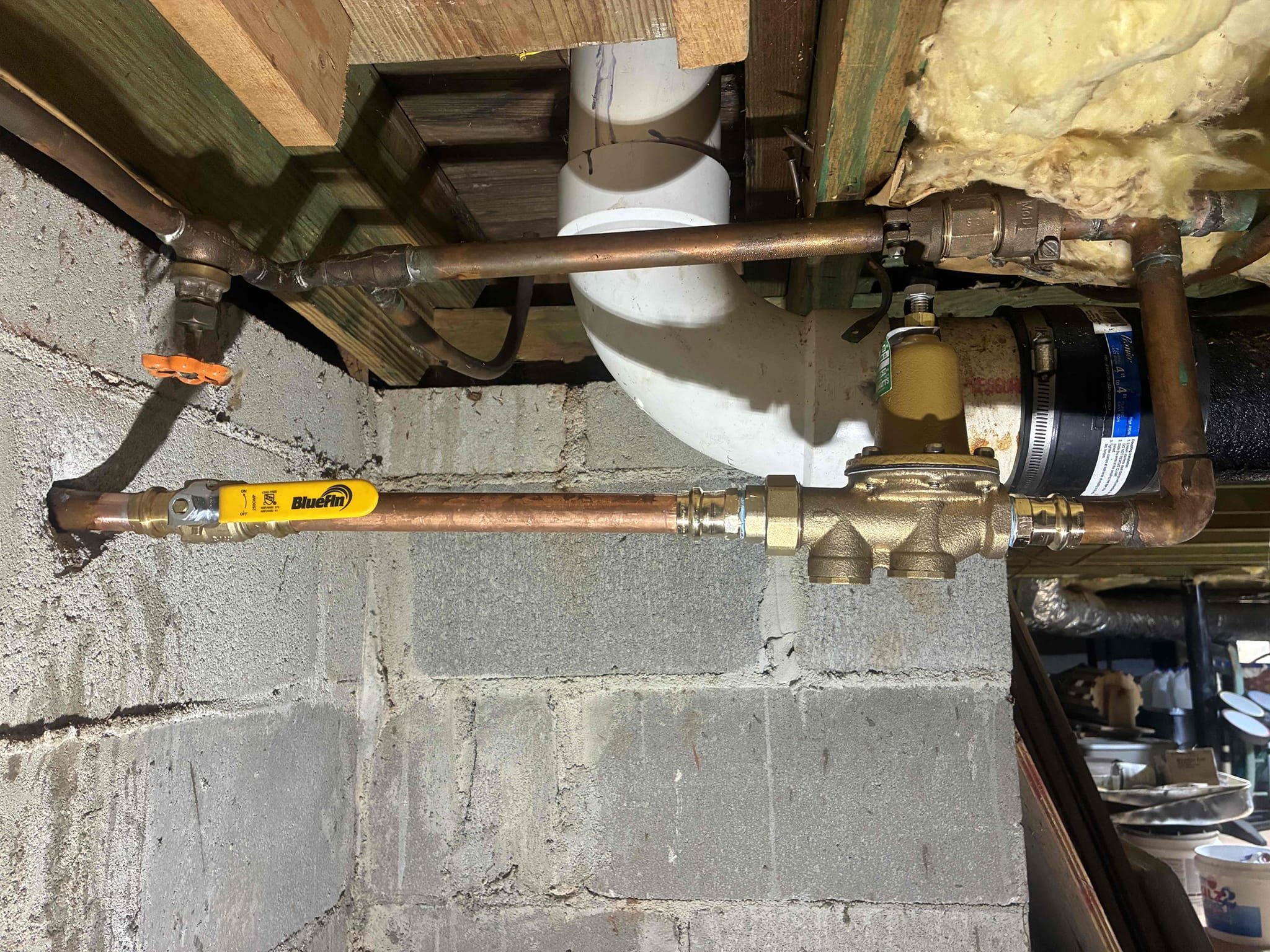 Returning to install customers Rheem 50 gallon gas water heater. Installed new thermal expansion tank shut off valve and pan with new installation. Also replaced PRV and main valve in crawlspace. After work was complete checked for leaks and proper function of all areas of work informed customer about possible air remaining in line. Also replaced washer on back hose bib as courtesy. 