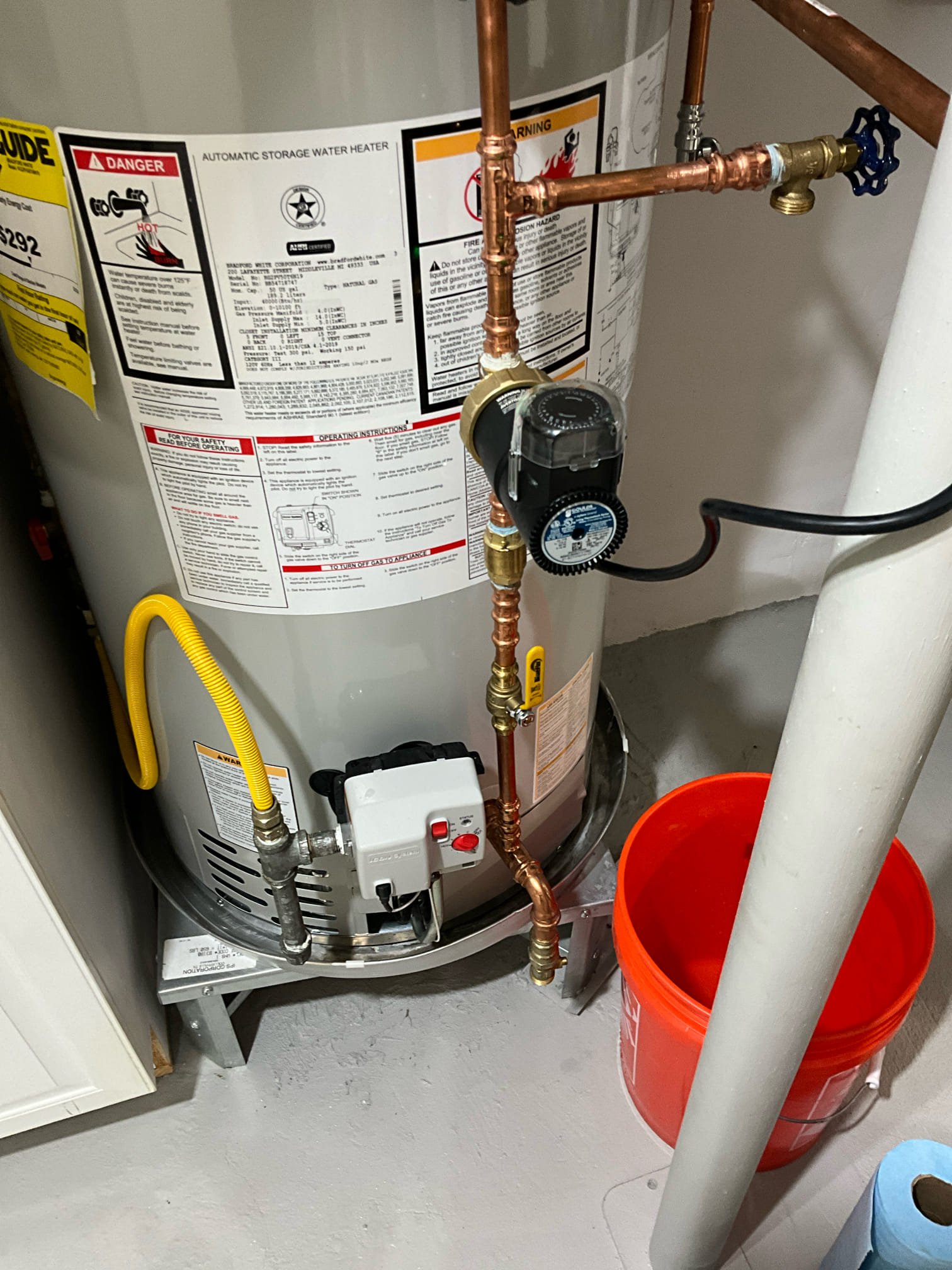 Call for ongoing unresolved hot water recirculation issues.

arrived and met with Chip on site. He discussed his experiences and troubleshooting with the recirculation pump.

Due to the circumstances and history, i will briefly consolidate the work history i have access to, along with notes from Chip, and findings today.

Home has two water heaters. One serves a zone in the basement, which includes kitchen and powder room. Another is located in the garage away from this zone (ASSUMPTION: Zone is isolated correctly, as no history of crossover is present, and visible lines in the basement do not indicate mixed zones).Water heaters are both Bradford white power vent units. Adequate gas volume and pressure, no exhaust failures or leaks identified. Units are cycling correctly.

Water lines are copper throughout (ASSUMPTION: Lines are painted, and i wasn’t able to verify main from meter to crawl space is copper. However, no flow restrictions, and pressure indicates line is not original, or i