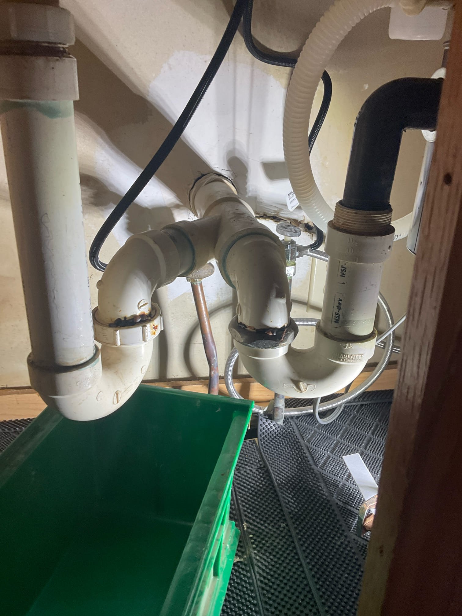 Replumb kitchen sink drain , two new traps , redo water line with two shut off valves and new pop sink chrome , p trap , repair cracked pipe inside wall , new toilet flange installed 