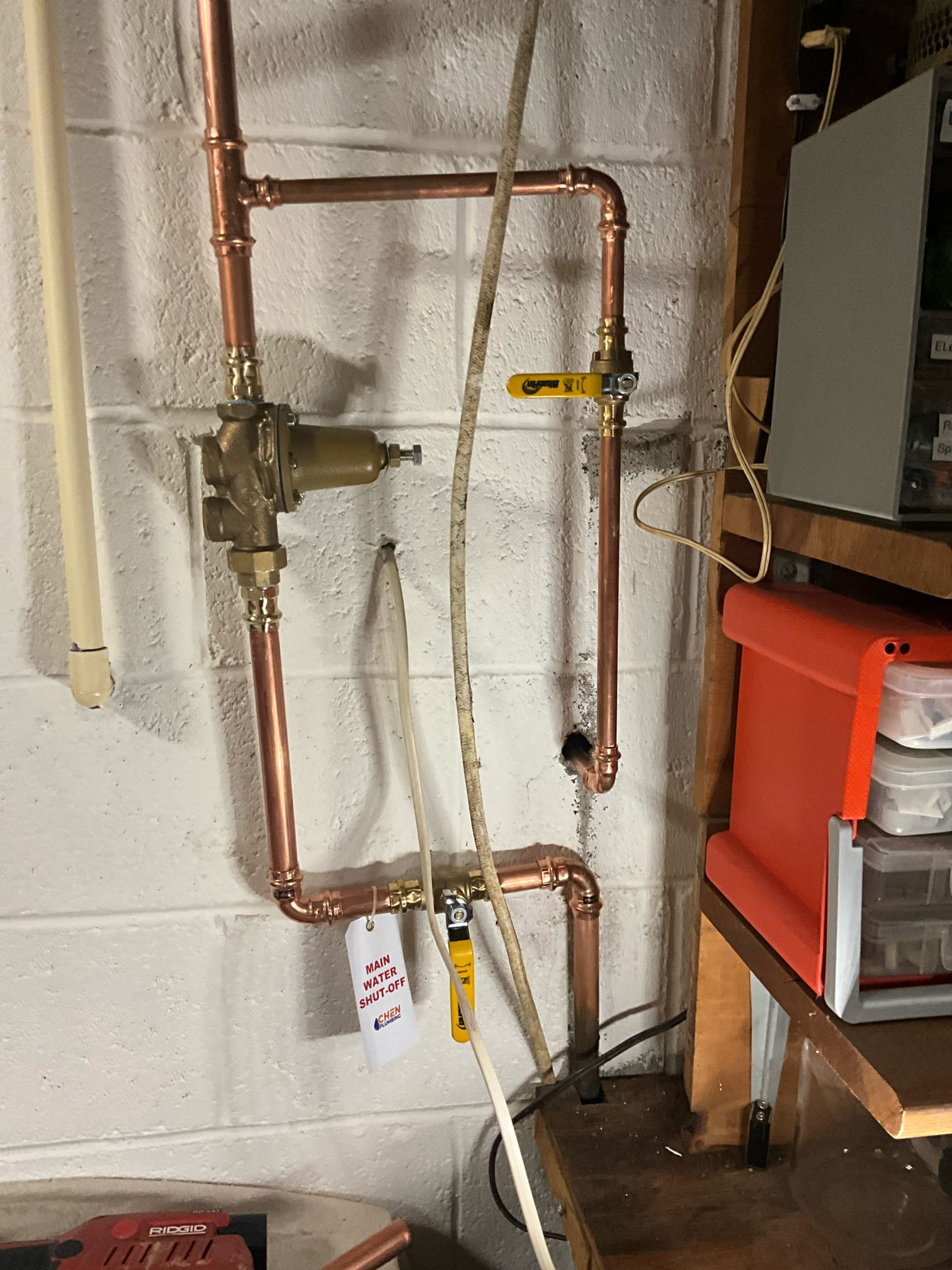 Return to complete quoted work.

Replaced pressure regulating valve, house main shut off valve, hose spigot, and shut off valve. Installed a Moen Flo automatic leak detection device.

Pressurized system. Checked for leaks and found no issues.