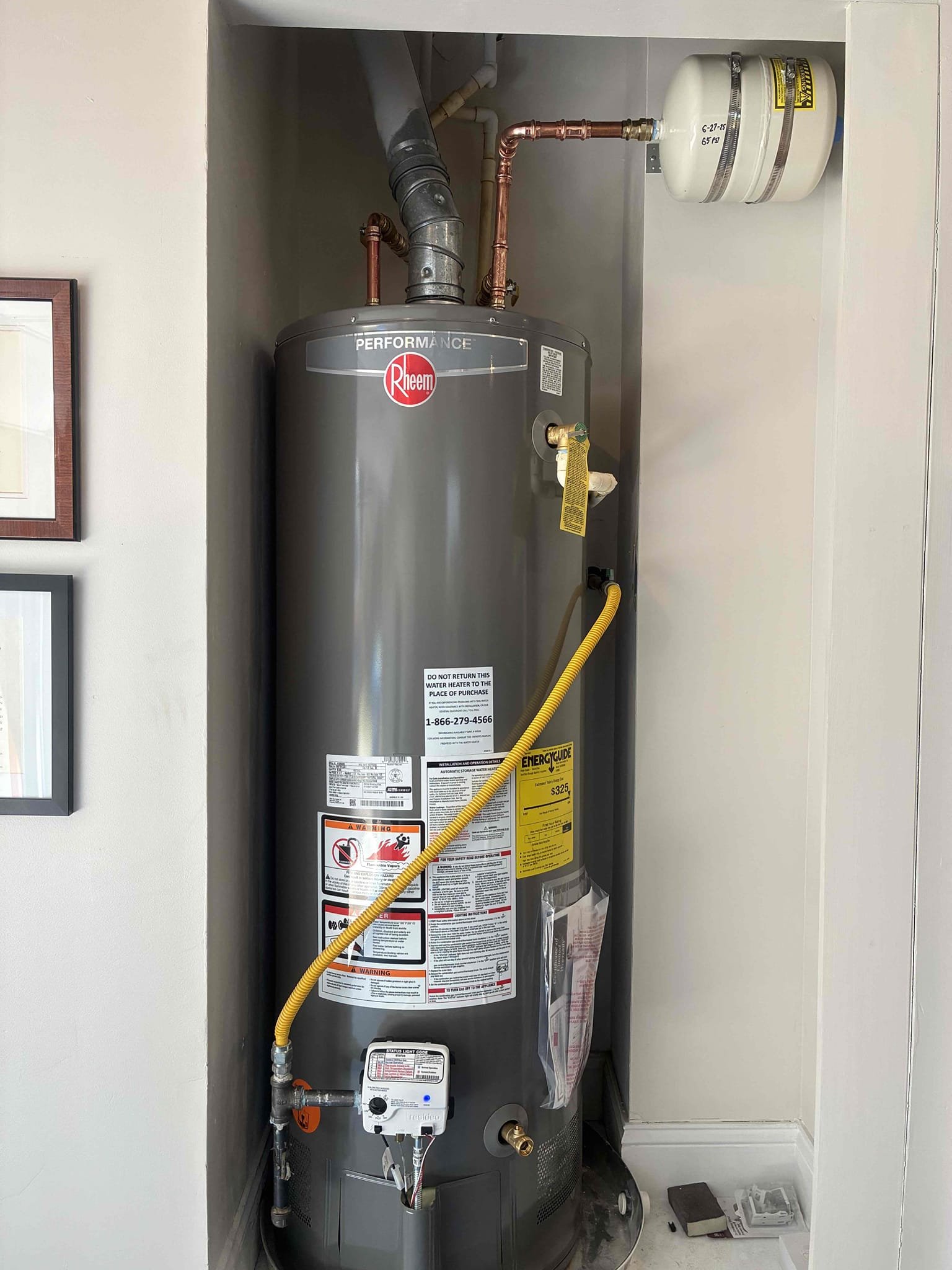 Returning this Monday to replace 50 gallon gas water heater. Transitioned from CPVC to copper and installed two new ball valves to replace old CPVC ball valves. After to install was complete ram water to remove air from lines and checked for leaks and proper function. Explain to customer about Undermount sink and suggested to have countertop company come reinstall.