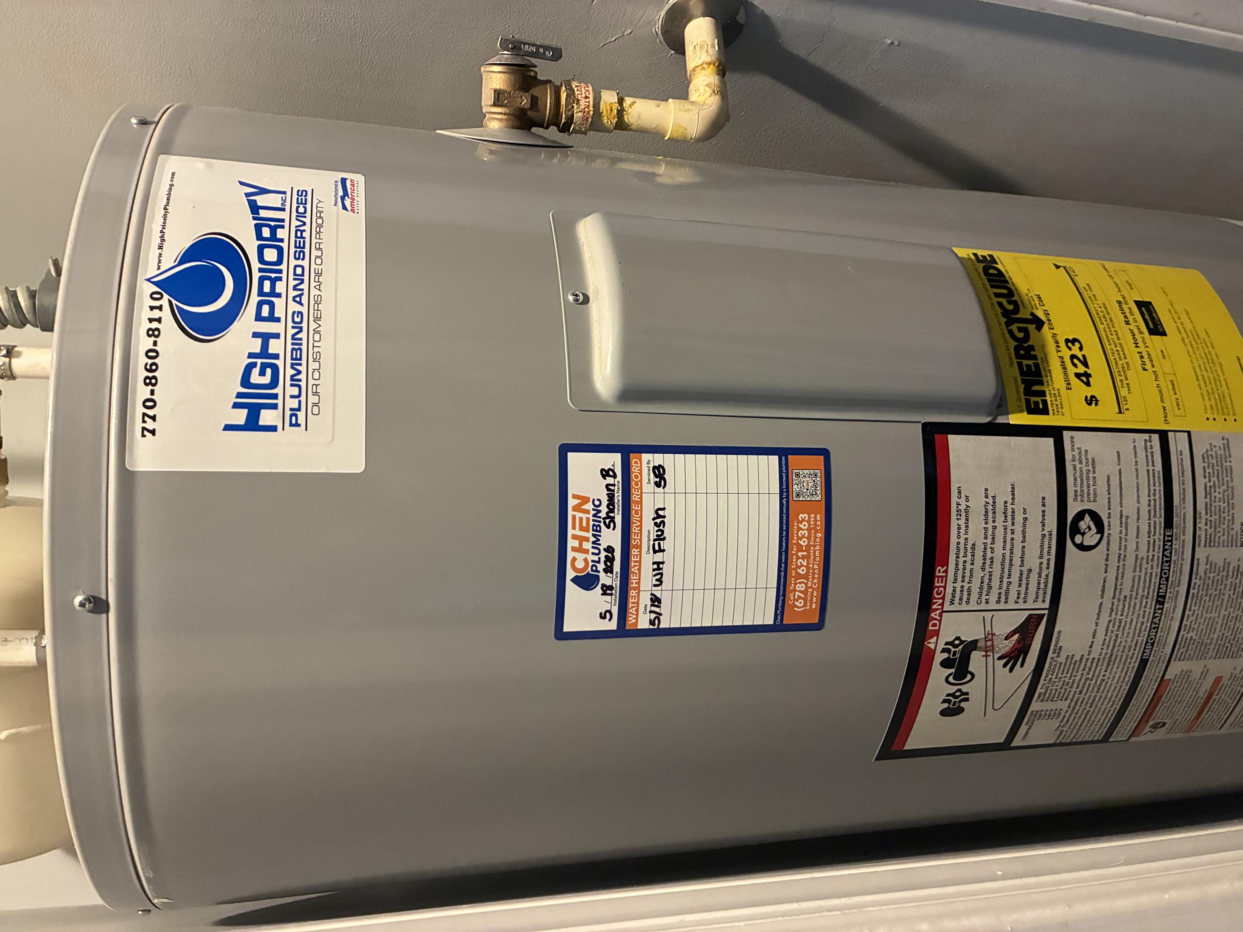 Call for annual maintenance visit and inspection.

Arrived and met with Ms. Candice.

I discussed the process for our inspection and maintenance visit, as well as Luther benefits of the membership.

We performed a thorough inspection of all plumbing systems and performed water heater flush.

History of home:
25 year old home. Candice has lived here since. 2017.

Water heater replaced shortly after she moved in. Water line has had. Repair, and then a total replacement. Pressure regulating valve less than five years old. Kitchen, laundry, powder room, water heater on first floor. Master bathroom on second floor. Water heater is electric. Gas service to home enters on right side. Waterlines are cpvc throughout home.

Inspection findings:
Universal to home: compression shut off valves for toilets nd fixtures instead of solvent weld stops. Poly supply lines, sometimes pushing on pipe.

Water heater: Water expansion tank intact and functioning. Functional ball valve. Drip pan. Unit is 2018 m