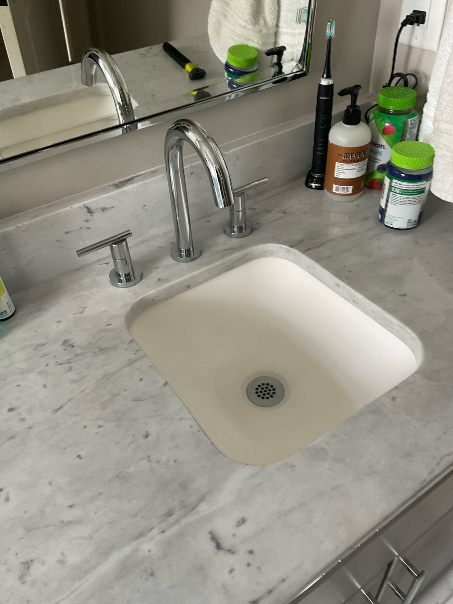Warranty call for fixing a running toilet with a brush nickel tank level , checked a basement bathroom sink faucet , will check on parts quote repair or replacement. 
