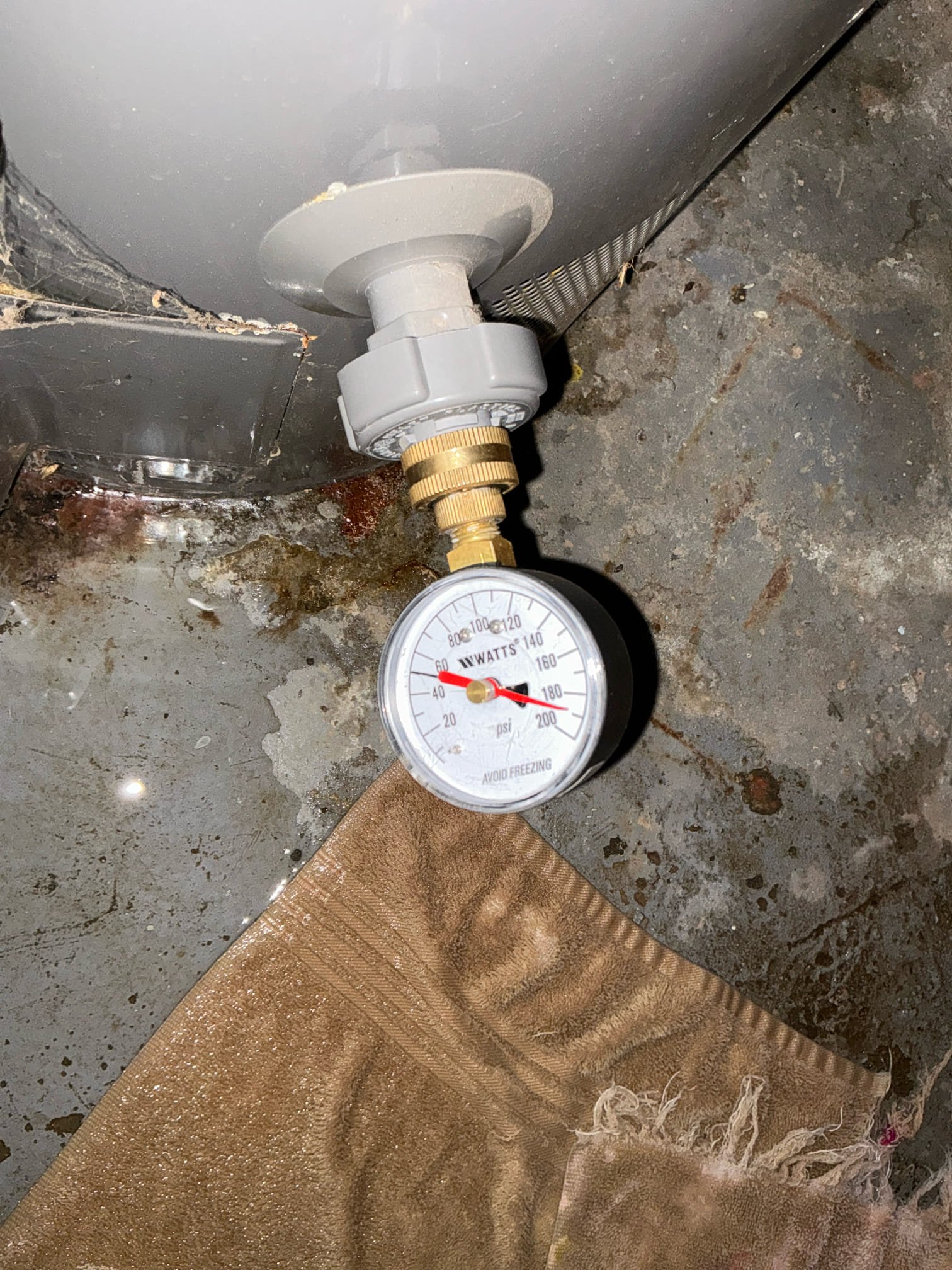 Diagnosed leaking heater. Found gas heater from 2017 leaking at base. Water pressure is 55psi. Also found vent for heater not to be up to code. Currently vent runs horizontal 15 ft and exits out side of home to exterior. Left estimate to replace current heater with new heater and bring vent up to code.