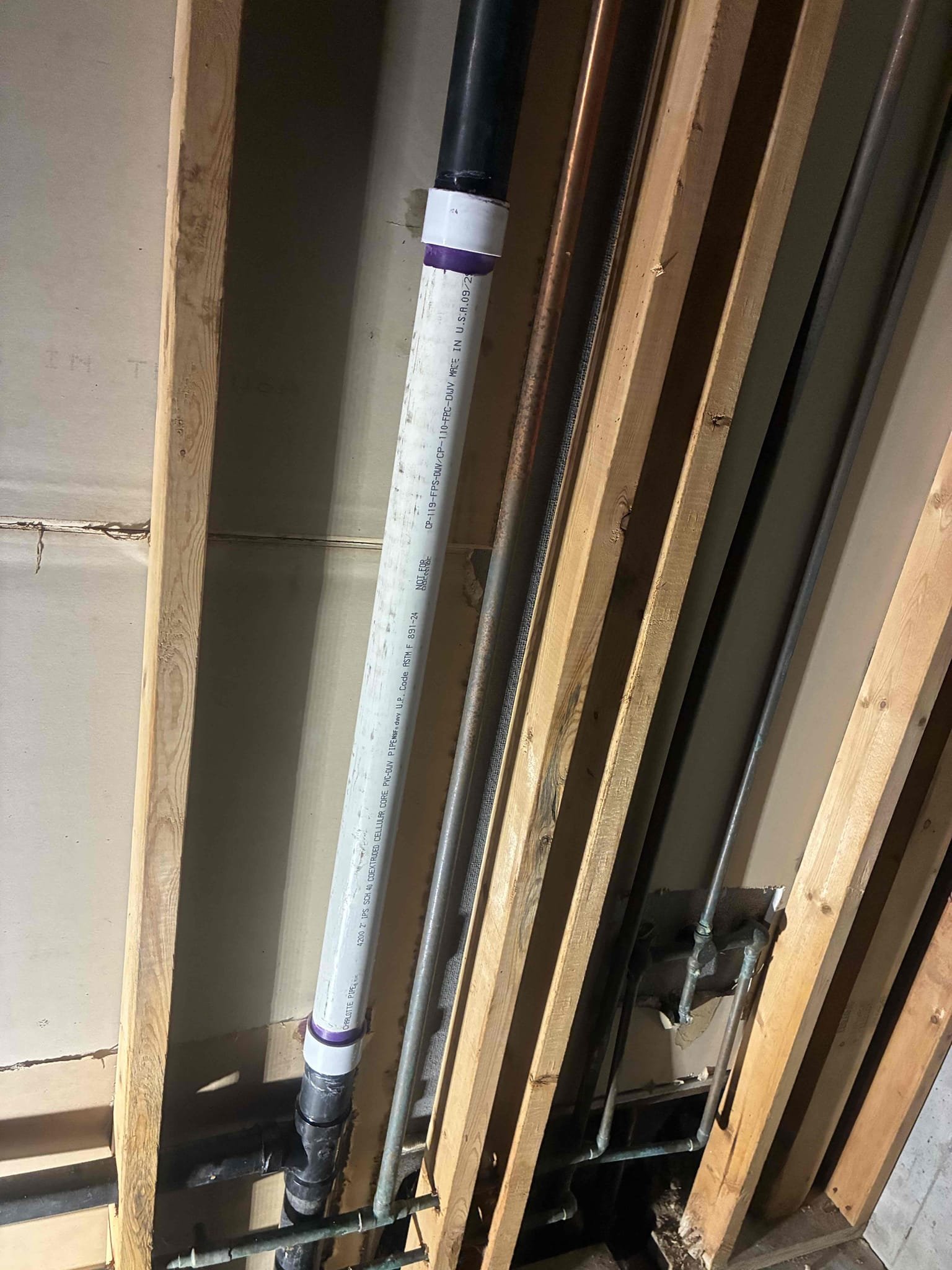 Customer had hole in 2” drain line in basement being covered by pre cut fernco that began to leak. Offered thorough evaluation, Customer wanted currently issue addressed. Gave options and began repair. Cut out section of 2” ABS and replaced with PVC section along with glue joint fittings. After connections were made checked for leaks and cleaned up area. 
