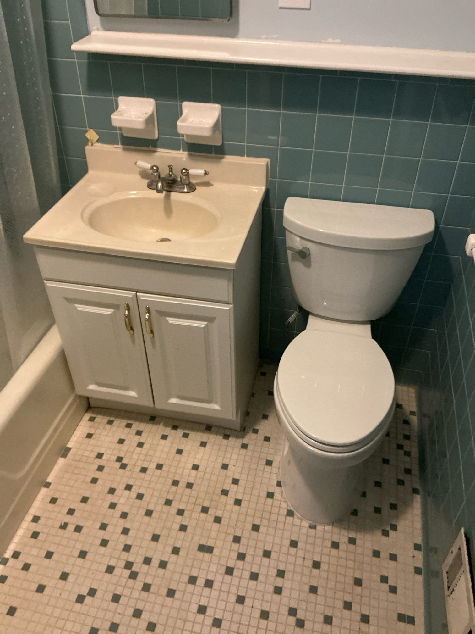 Shut off water to faucet and toilet. Remove vanity with old faucet. And remove toilet. Customer will have floors and walls redone. Clean work space.