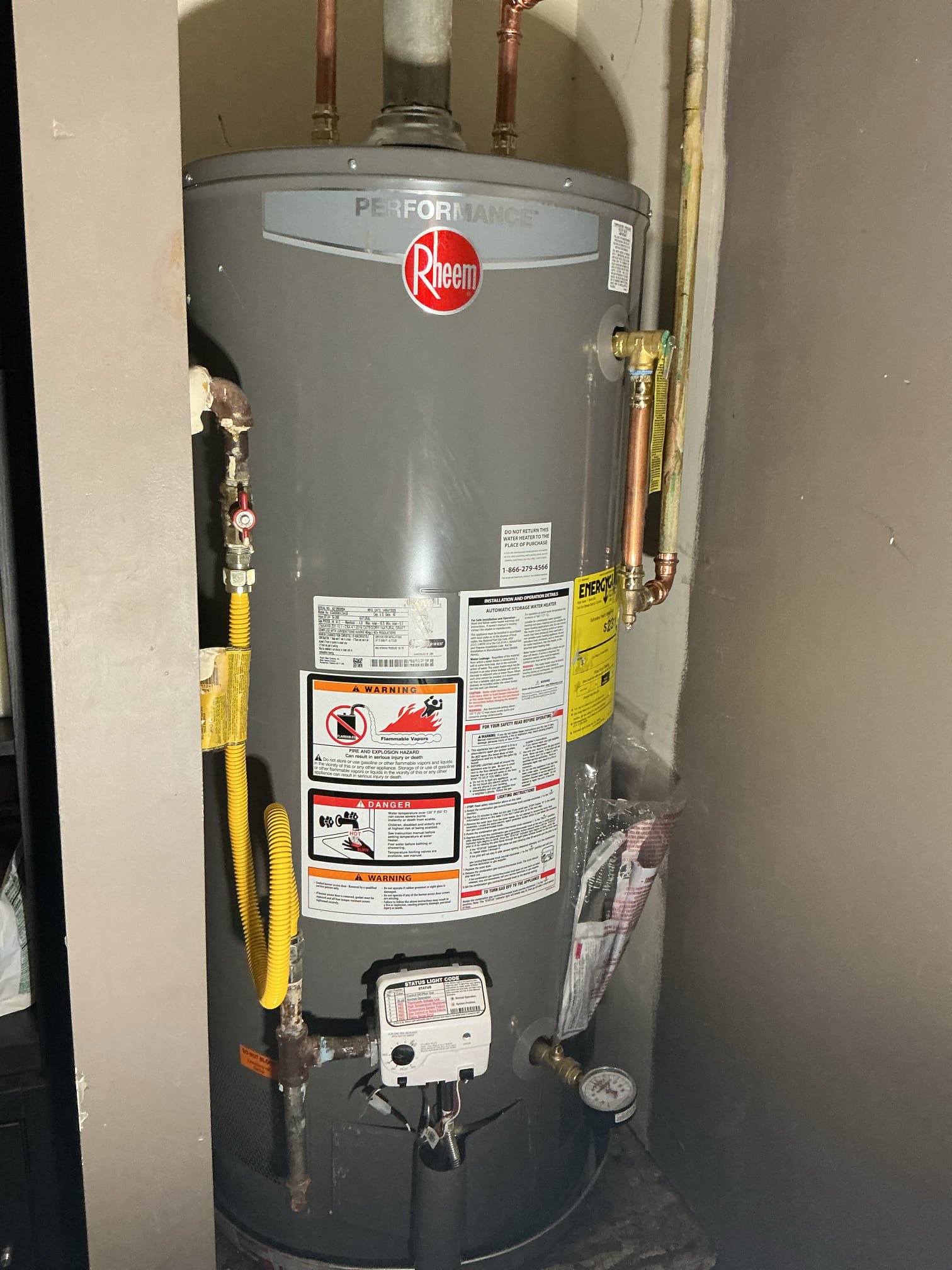 Customer’s water heater leaking and needed replacement. Offered thorough inspection of home. Customer wanted to look at addressing heater. Gave options for replacements. Replace water heater with Rheem 40 gal gas short heater. Installed ball valve, pan , and new thermal expansion tank with bracket. After work was completed, checked for leaks and proper function. Also explain to customer about pressure conditions. 