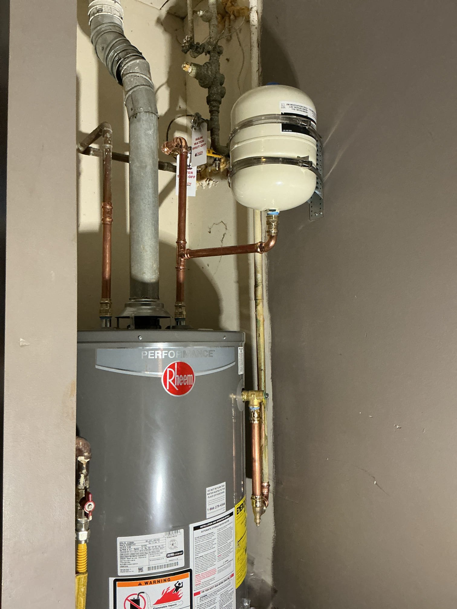 Customer’s water heater leaking and needed replacement. Offered thorough inspection of home. Customer wanted to look at addressing heater. Gave options for replacements. Replace water heater with Rheem 40 gal gas short heater. Installed ball valve, pan , and new thermal expansion tank with bracket. After work was completed, checked for leaks and proper function. Also explain to customer about pressure conditions. 
