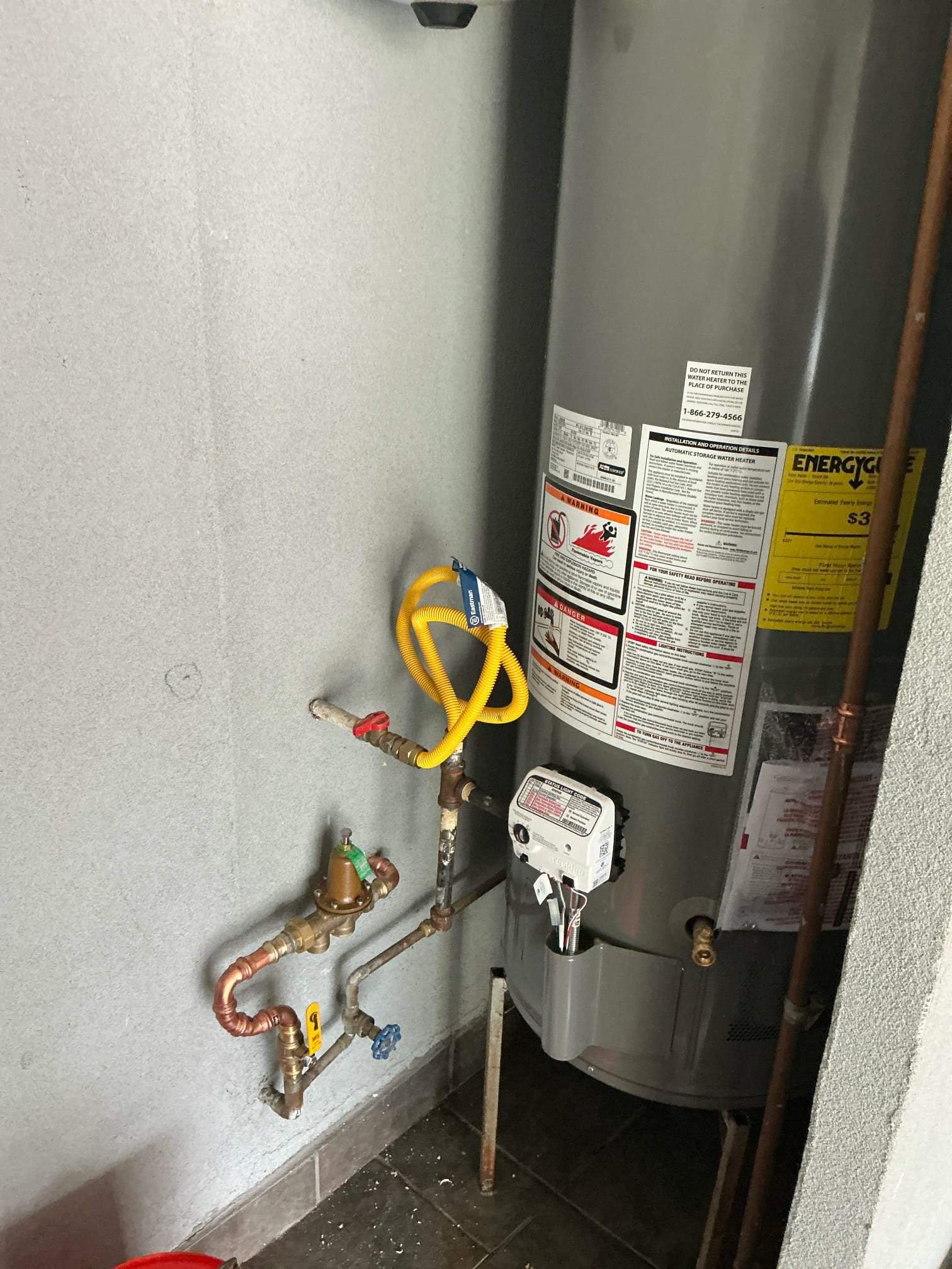 Original issue was water in gas system. Replaced water heater due to potential damage to gas control valve and burner due to water in gas lines. Replaced Prv due to water pressure being at 90 psi when tested. Could not light water heater due to no gas meter at time of service.