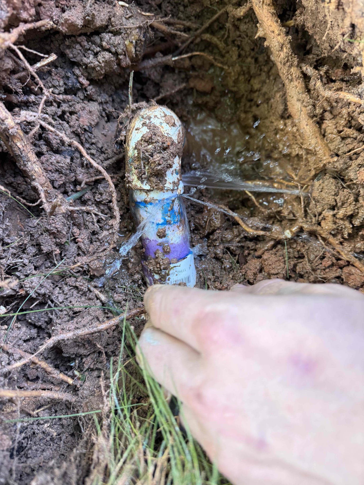 Water leak upon arrival. Customer stated the county came out and said it was on his side. After digging found 1 inch pvc line leaking at a 90. Informed customer we could cut the section off and replace it and gave him a quote to do so. Customer approved quote we replaced the 90 and allowed the glue to dry for 1.5 hours. After cutting water back on and another 90 on the water service blew apart. Returned to run new water service from meter to stubout. Installed new 1 inch pex line with a new ball valve and meter box. Turned water back on to check for leaks and found no leaks. Ran multiple fixtures in the house to get air and dirt out of the lines. Customer now has working water again and no leaks upon departure 