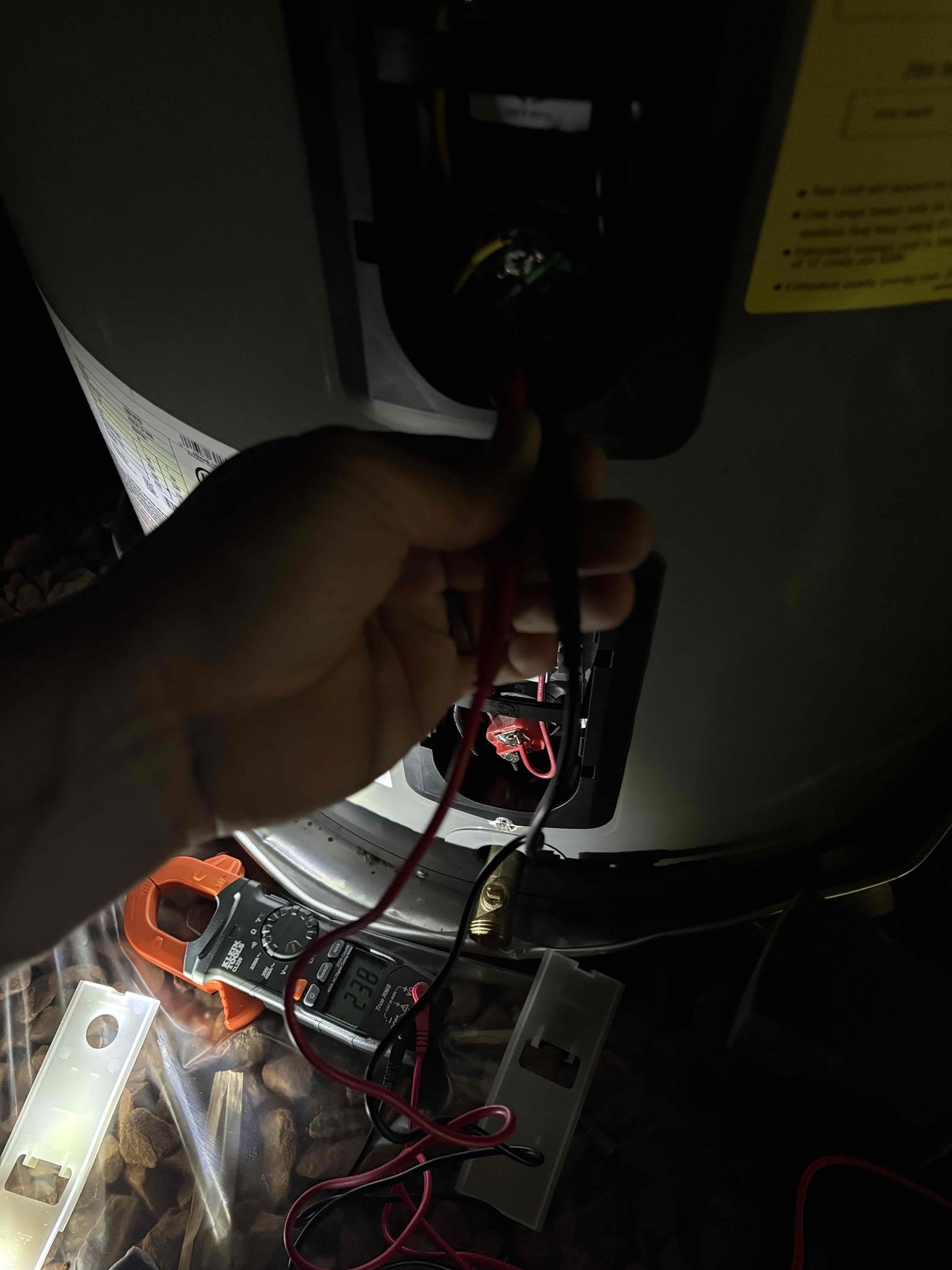 Diagnosed heater not working and not staying on. 2 week prior Chen had replaced faulty elements for electric heater in crawlspace. Upon arrival today found heater off and tripped. Power to heater was on, Reset heater. Tested both elements and both new thermostats. Both elements and thermostats were good and reading properly. Recommended electrician to check breaker panel and wiring, to check for and breaks in line causing heater to trip and not work. Once electrical is tested if heater is still having issues recommend swapping out heater under warranty 

Left estimate to swap out heater under warranty 
Heater is currently 4.6 years old 