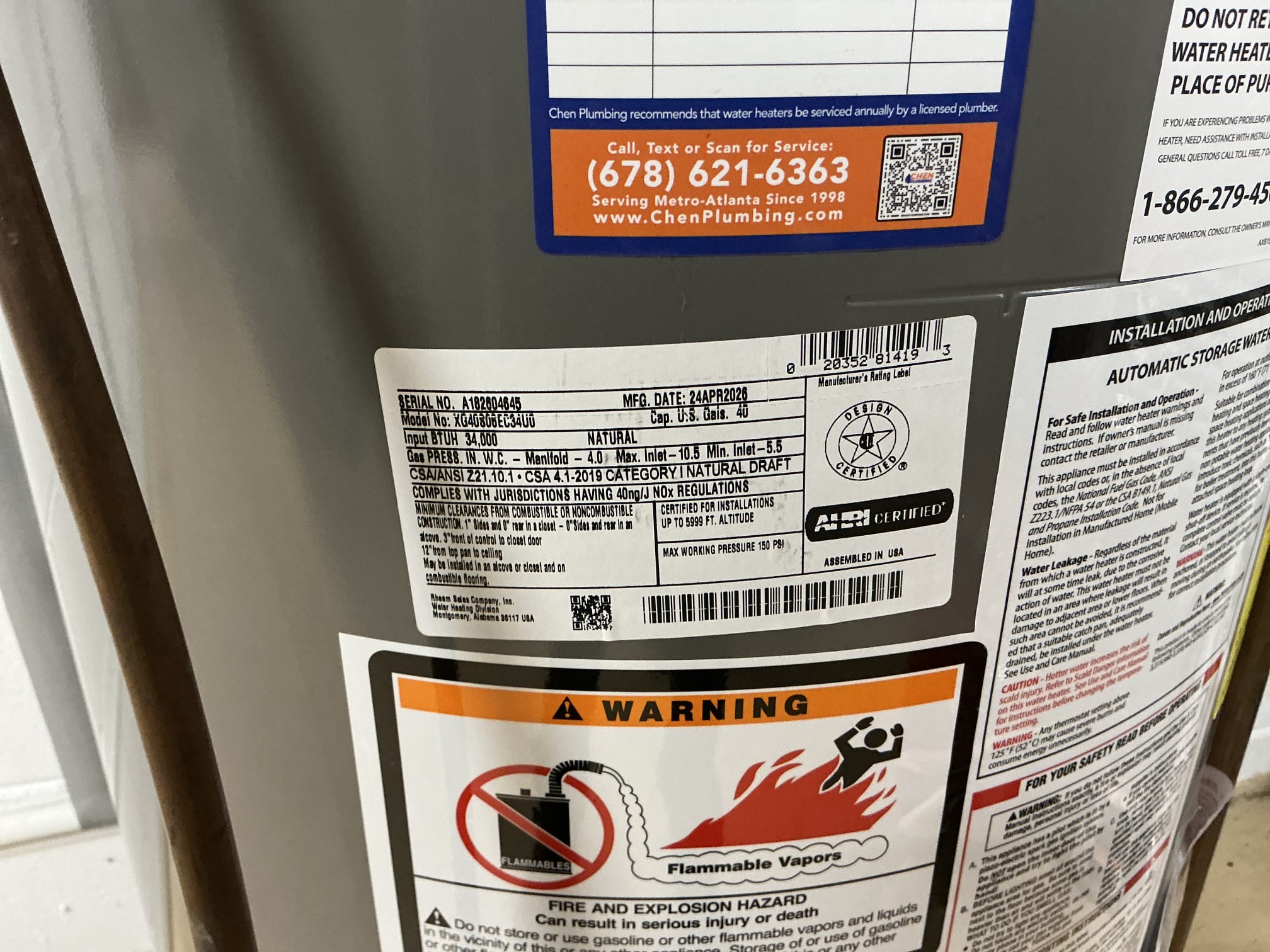 Water heater not working upon arrival. Customer stated the water heater won’t light. Due to the age of the water heater being 13 years old, informed customer we could not repair the water heater but could replace it. Gave customer estimate, customer approved estimate. Installed new 40 gal gas short Rheem water heater, new expansion tank, pan and shutoff valve. Turned water and gas on to check for leaks and found no leaks. Fired water heater up and set to correct temperature. Water heater is fired up and working properly, customer will have hot water in 45 minutes. No leaks upon departure. 