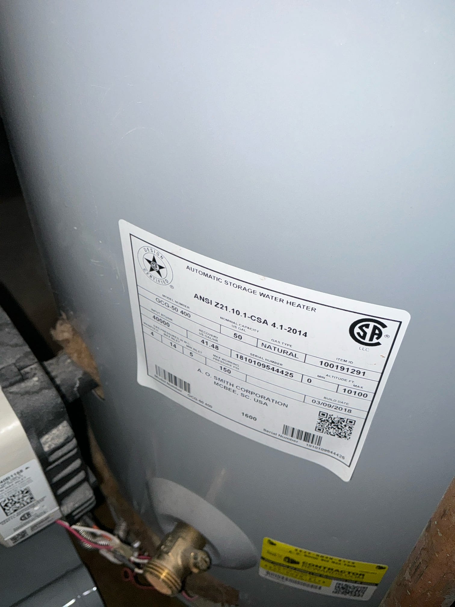 Shut off water to heater and drain. Cut out and remove old leaking water heater. Install new 50 gallon water heater with new pan, and new thermal expansion tank. Test new heater for proper operation. Clean workspace 