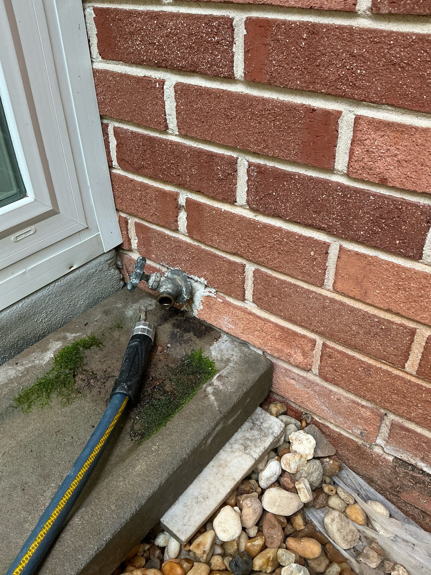 Found back hose bib leaking. Replaced hose bib with new frost resistant hose bib on back of house into crawl space. Hydro concreted hose bib to wall due to original hole to big to get screws secured.