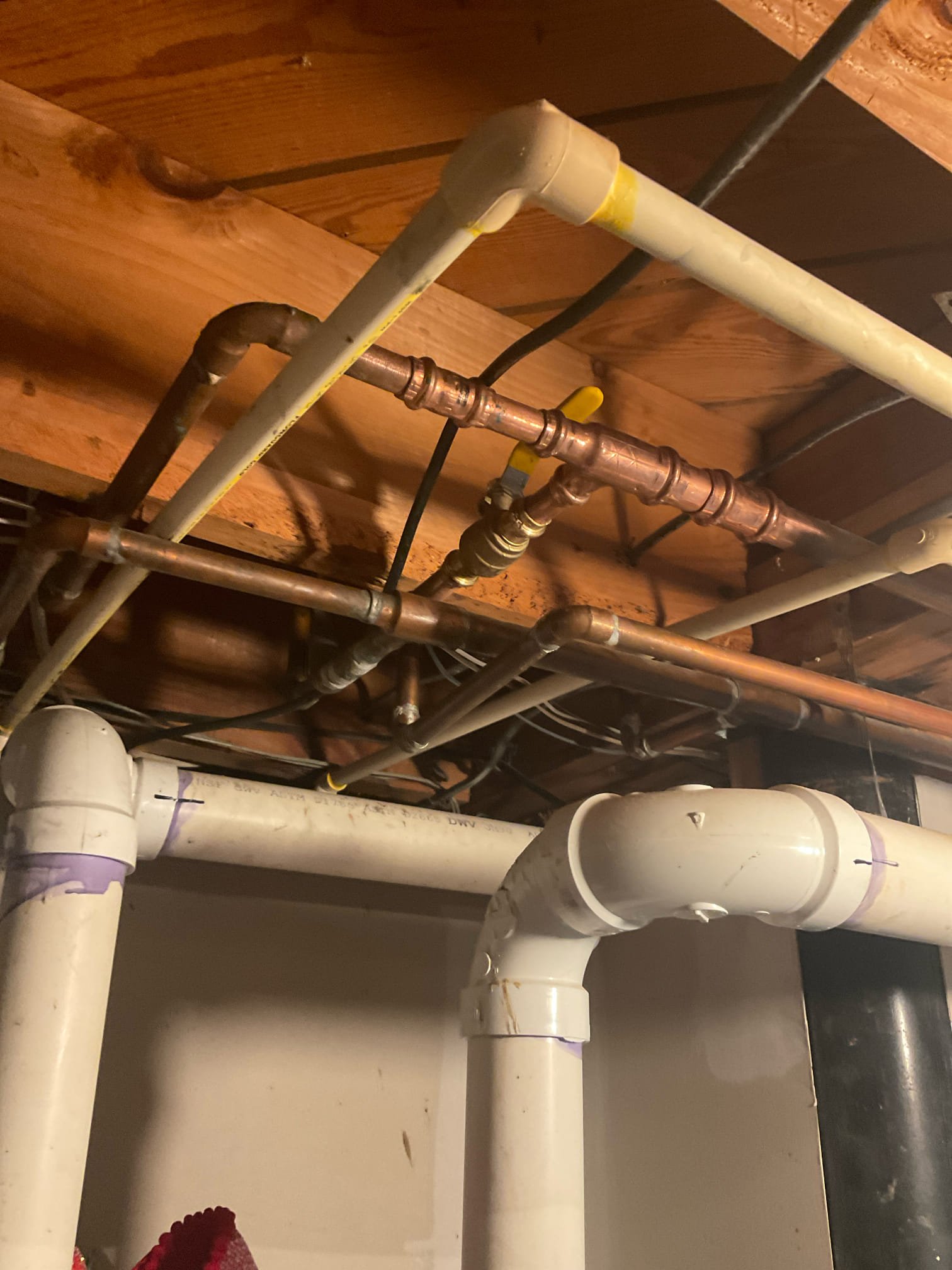Fixed three copper pipe leak in basement with ceiling opening, 1/2 and 3/4 “ shut off valve replaced, Also replaced sewage ejector pump with a Zoeller M264 pump , new ball valve and check valve also installed. 
